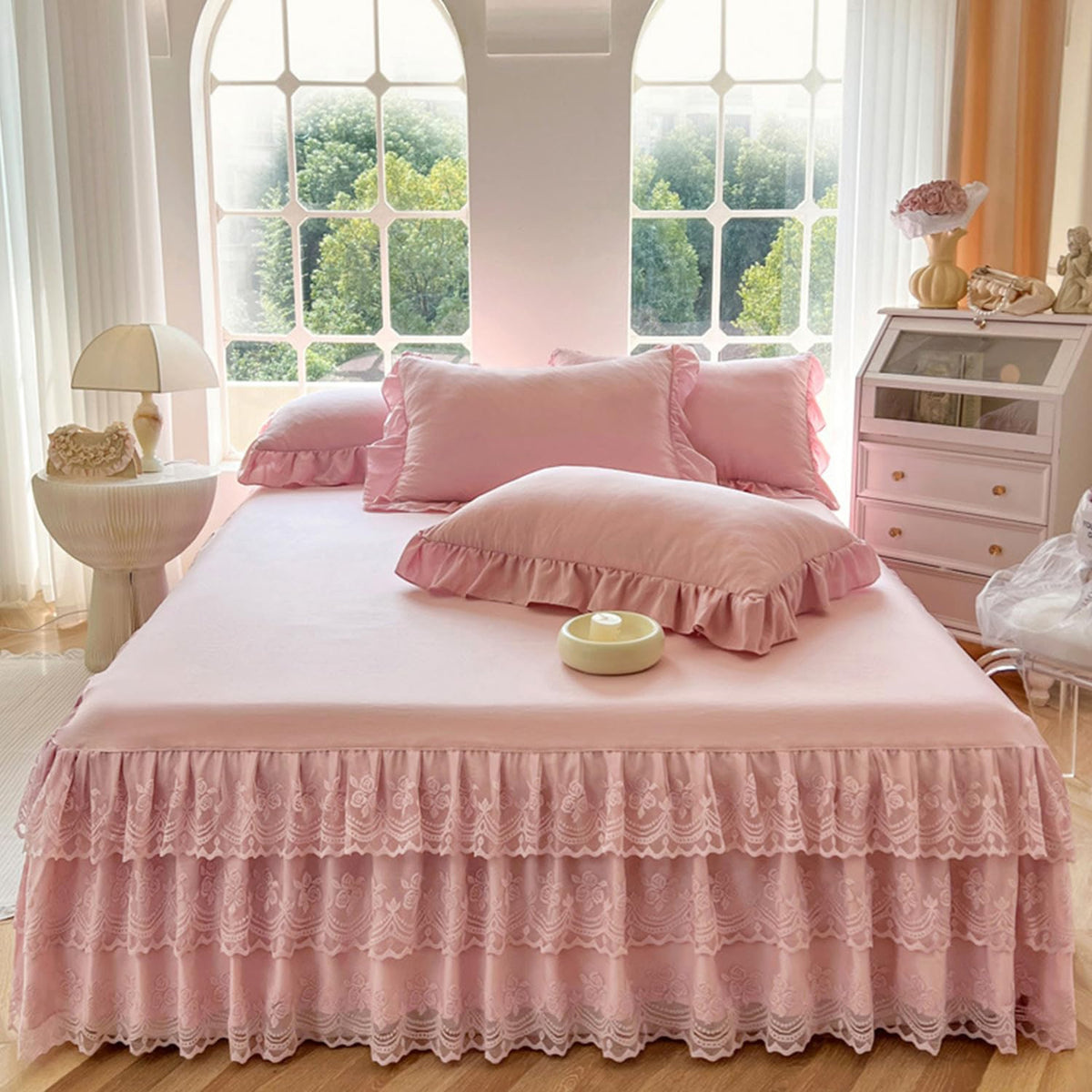 Three Layers Lace Bed Sheet Skirt for Queen Bed - 17in. Drop, Ruffle Bed Skirt Wrap Around Bed Skirt, Anti Wrinkle
