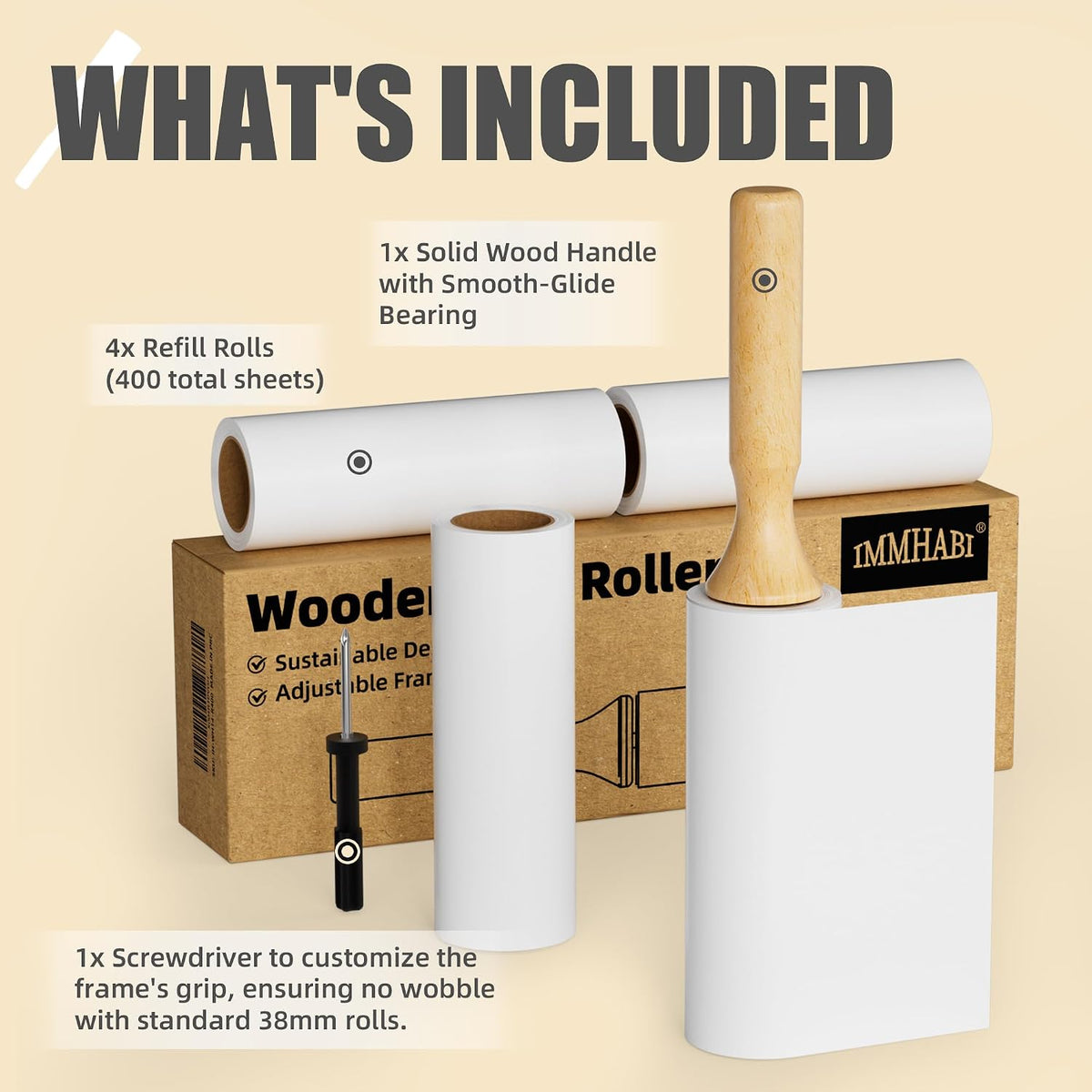 Flat Tear Lint Roller with Wooden Handle- 6.3 Inch Refills, 4 Rolls x 90 Sheets with Adjustable Tool | Pet Hair Remover for Furniture, Clothing | Ergonomic Grip, Straight-Tear Design