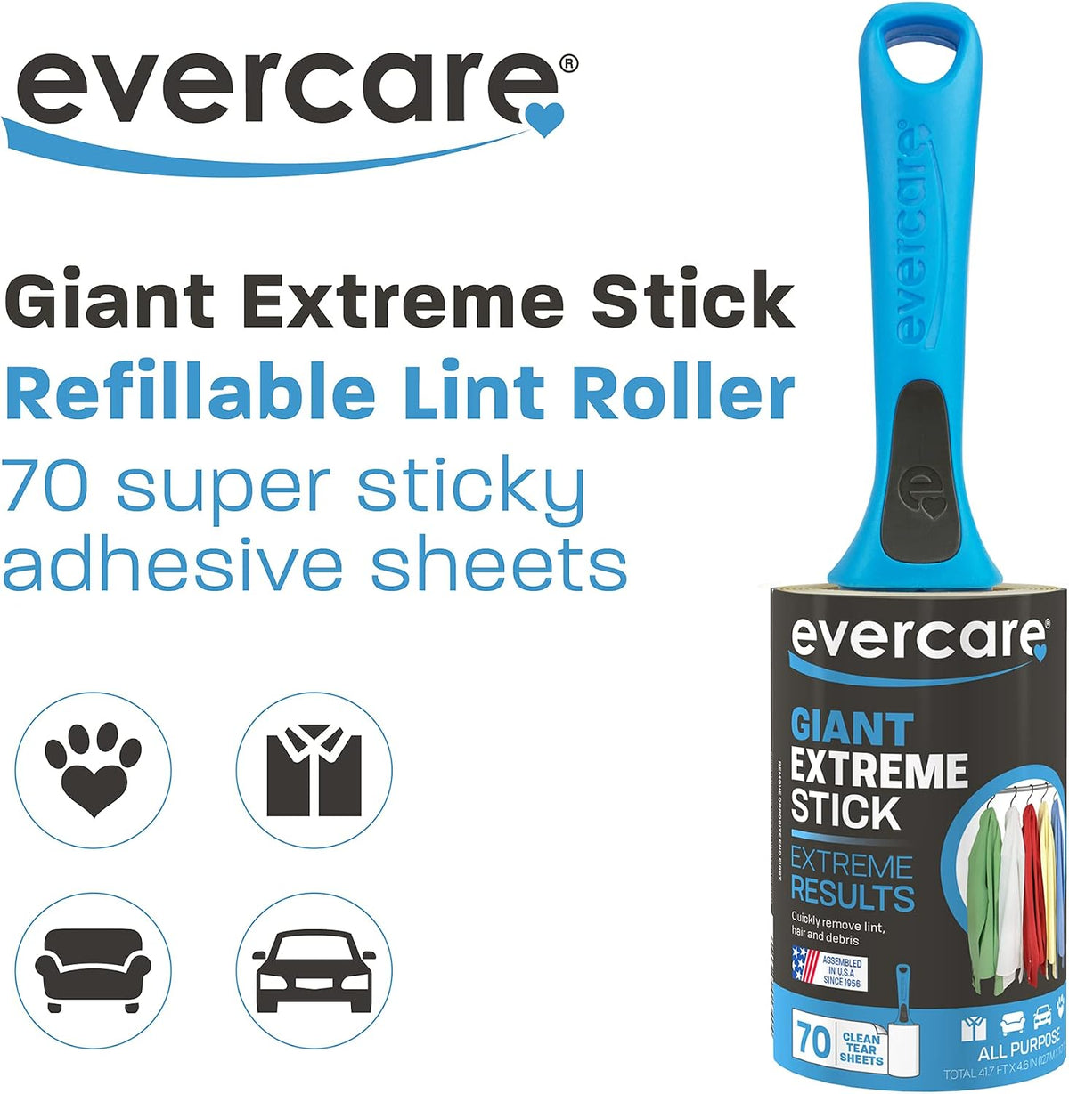 Evercare Extreme Giant Stick Lint Roller with Straight Handle Manual Lint Stick, 70 Sheets, Blue