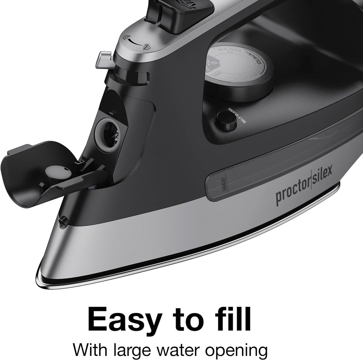 Proctor Silex Steam Iron for Clothes with Durable Stainless Steel Soleplate, 1500 Watts, 8’ Retractable Cord, 3-Way Auto Shutoff, Anti-Drip, Gray and Black (14250)