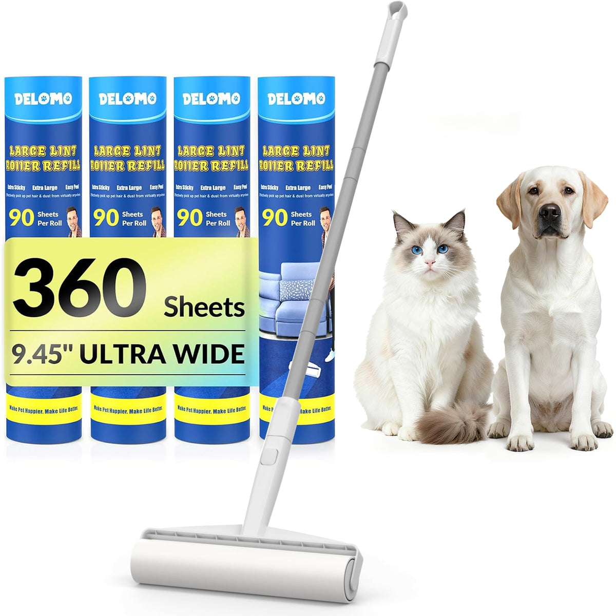 DELOMO 9.45” Large Lint Roller for Pet Hair, Long Handle for Floor & Carpet