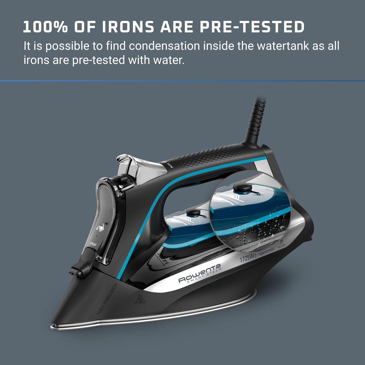 Rowenta, Iron, Smart Temp Stainless Steel Soleplate Steam Iron for Clothes, 380 Microsteam Holes, 1725 Watts Ironing, Auto-Off, Fabric Steamer, Black Clothes Iron, DW3261, Black