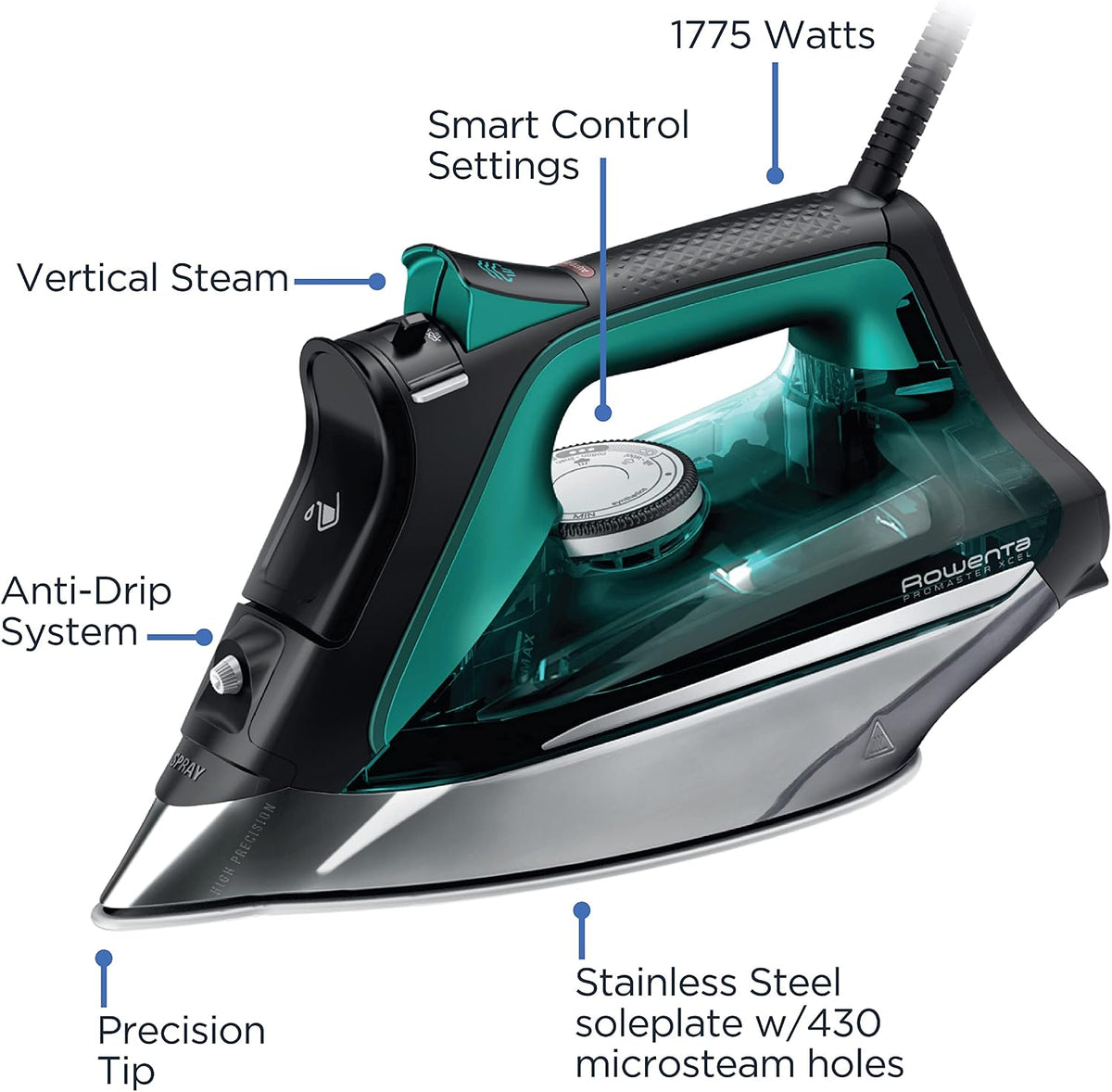 Rowenta Pro Master Stainless Steel Soleplate Steam Iron for Clothes, Anti-Drip Protection, 210 g/min, 400 Microsteam Holes, 1775 Watts Iron Steamer for Clothes, Powerful Steam DW8360