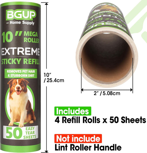 10 Inch Lint Roller Refills, 4 Rolls 200 Sheets Large Lint Rollers for Pet Hair Extra Sticky, Easily Remove Carpets, Clothes, Couch and Curtains Dust (Not Include Lint Roller Handle)