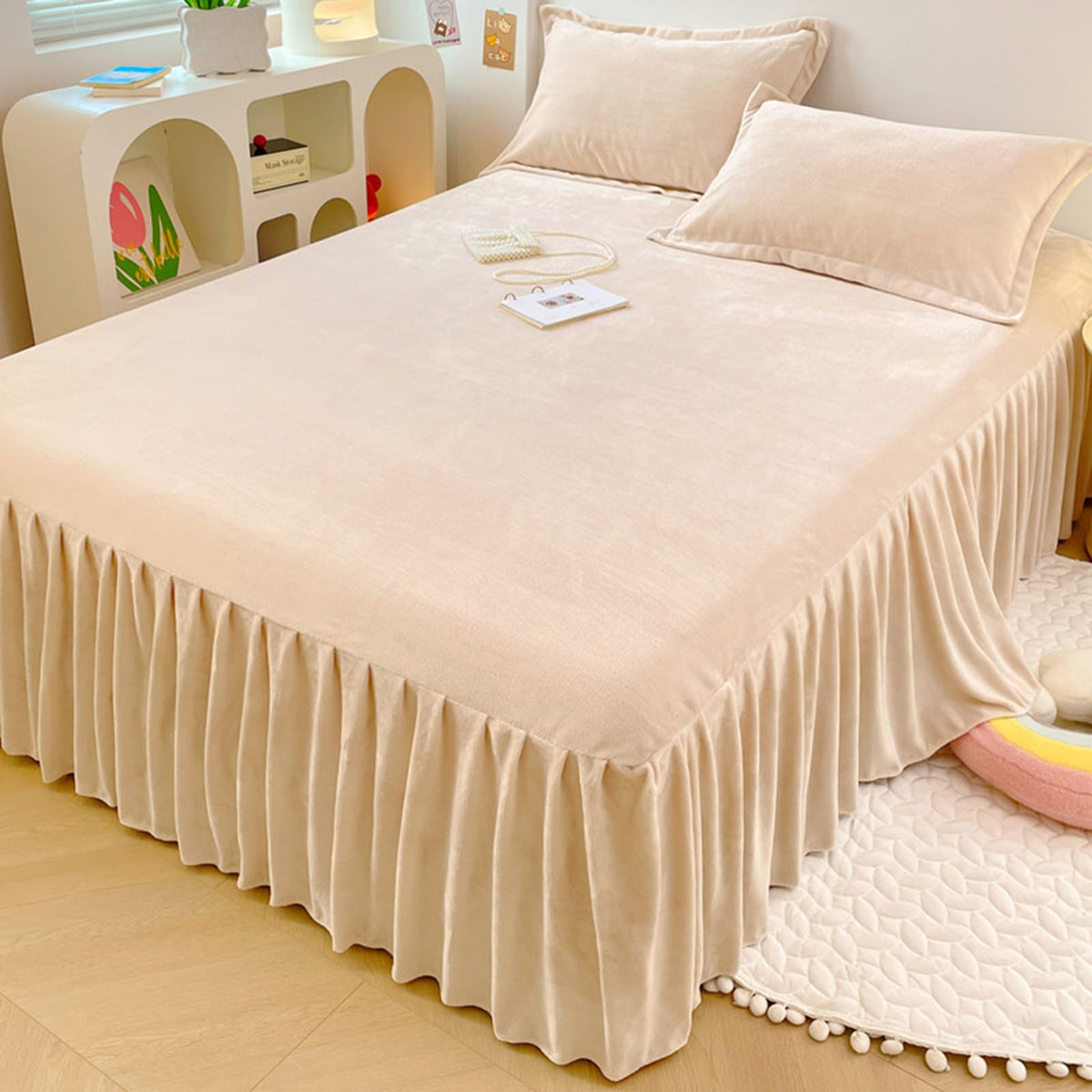 ZYFAB Winter Flannel Bed Skirt,Warm Thick Bed Cover Milk Velvet Bedspread Soft Cozy Bed Sheet Dust Ruffle Non-Slip Mattress Cover,C,150x200cmVersion A