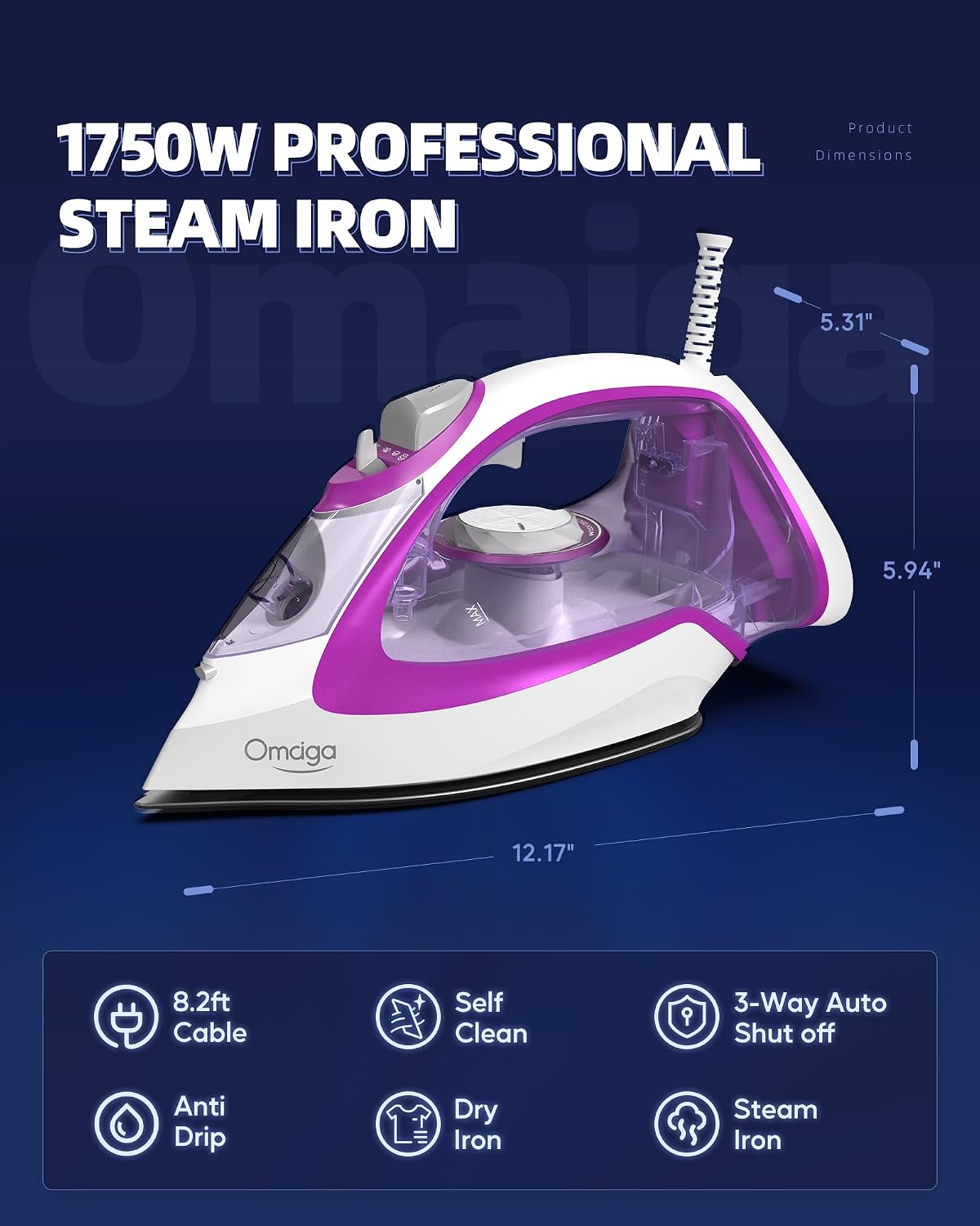 OMAIGA 1750W Steam Iron for Clothes, 450ml Large Water Tank, Self-Cleaning