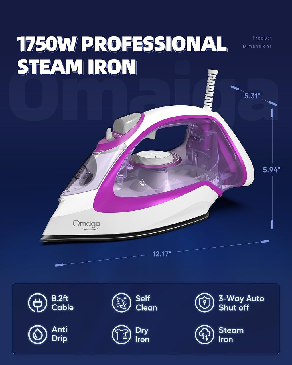 OMAIGA 1750W Steam Iron for Clothes, 450ml Large Water Tank, Self-Cleaning