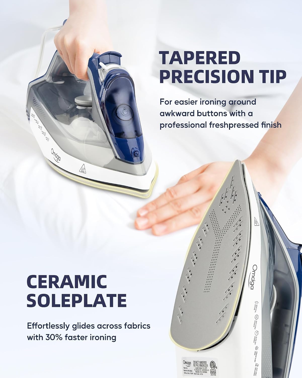 OMAIGA Steam Iron for Clothes, 1750W, Ceramic Soleplate, Large Tank, Grey