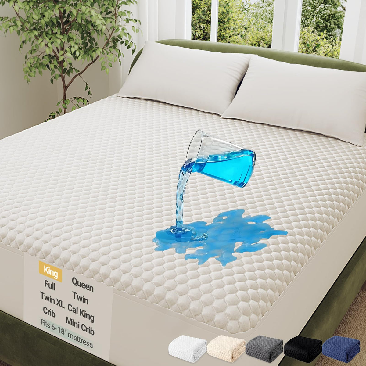 OhGeni Waterproof Mattress Protector,King Size Soft Bamboo Viscose Top Layer Pad,3D-Air Fabric Cooling Breathable Fitted Sheets,Washable Bed Cover,Deep Pocket Noiseless Over 99 Count Hex Bumps