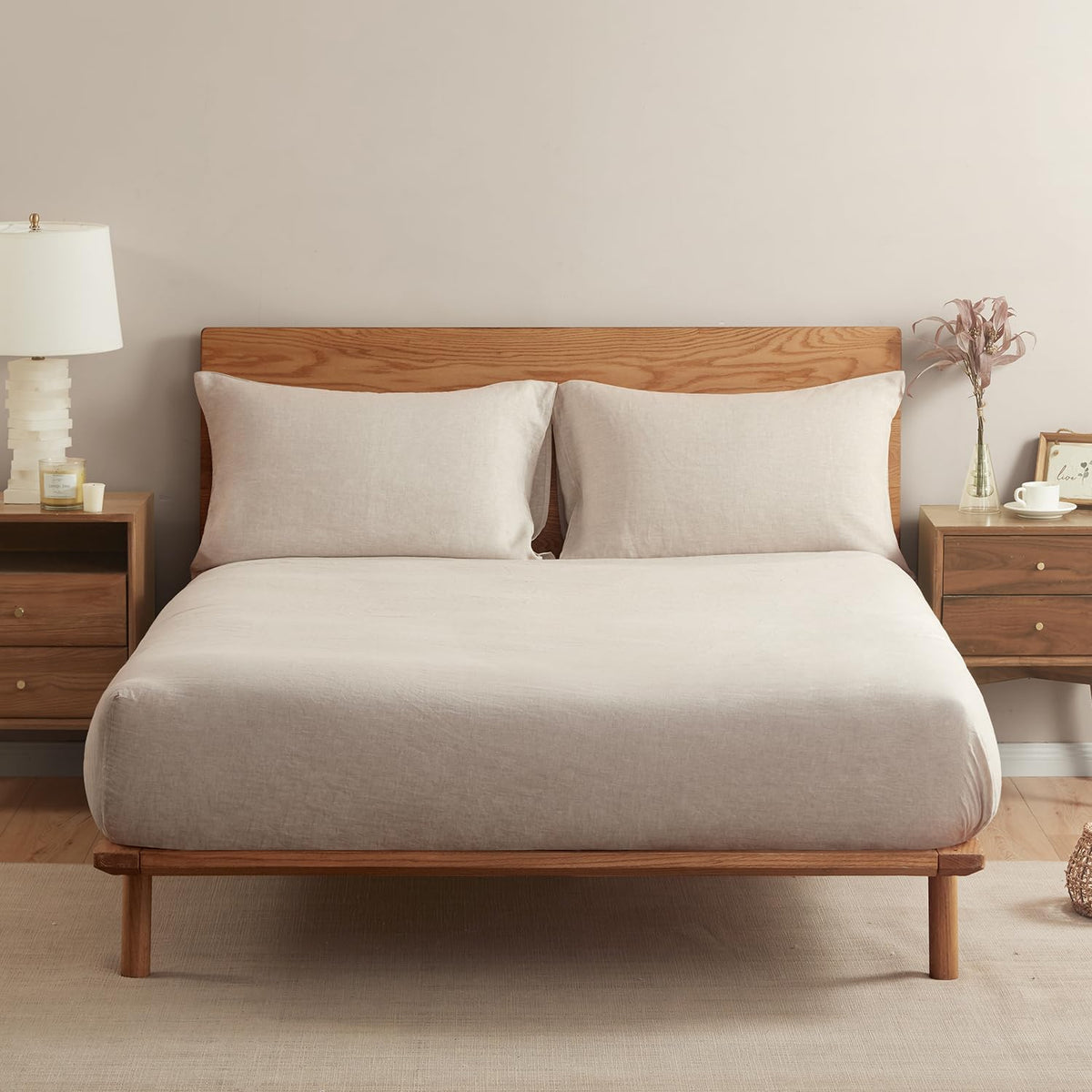 DAPU 100% French Linen Fitted Sheet Mattress Cover (1 Piece) with 16 Inch Deep Pocket, Pure Natural French Flax from Normandy, Ultra Soft, Breathable and Durable (Fog Gray, Queen).