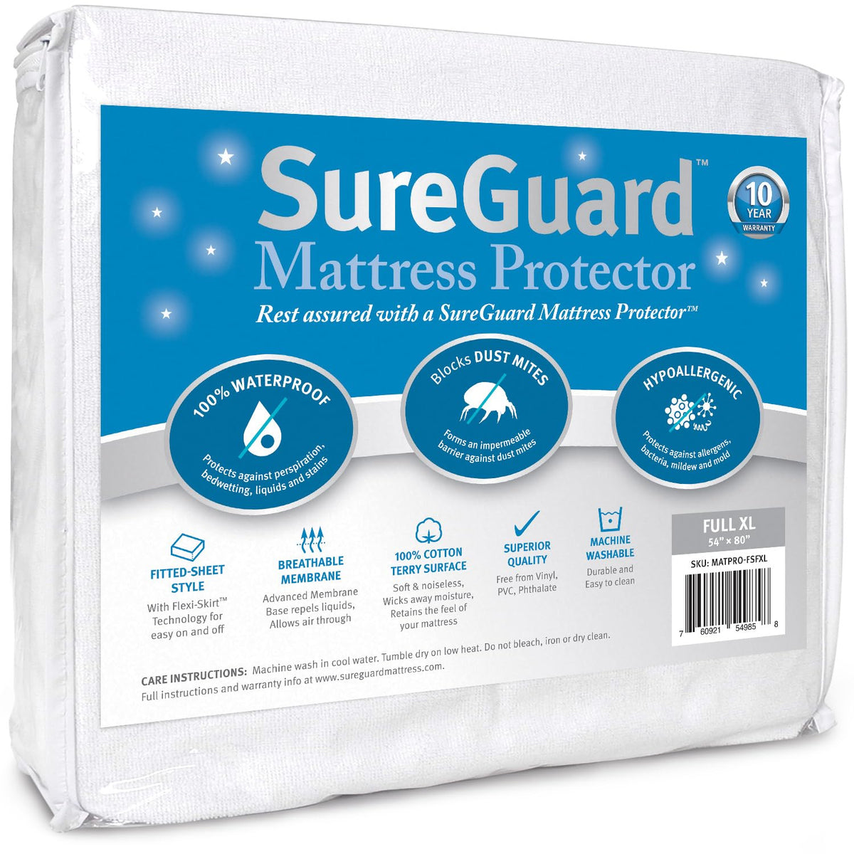 SureGuard King Size Mattress Protector - 100% Waterproof, Hypoallergenic - Premium Fitted Cotton Terry Cover