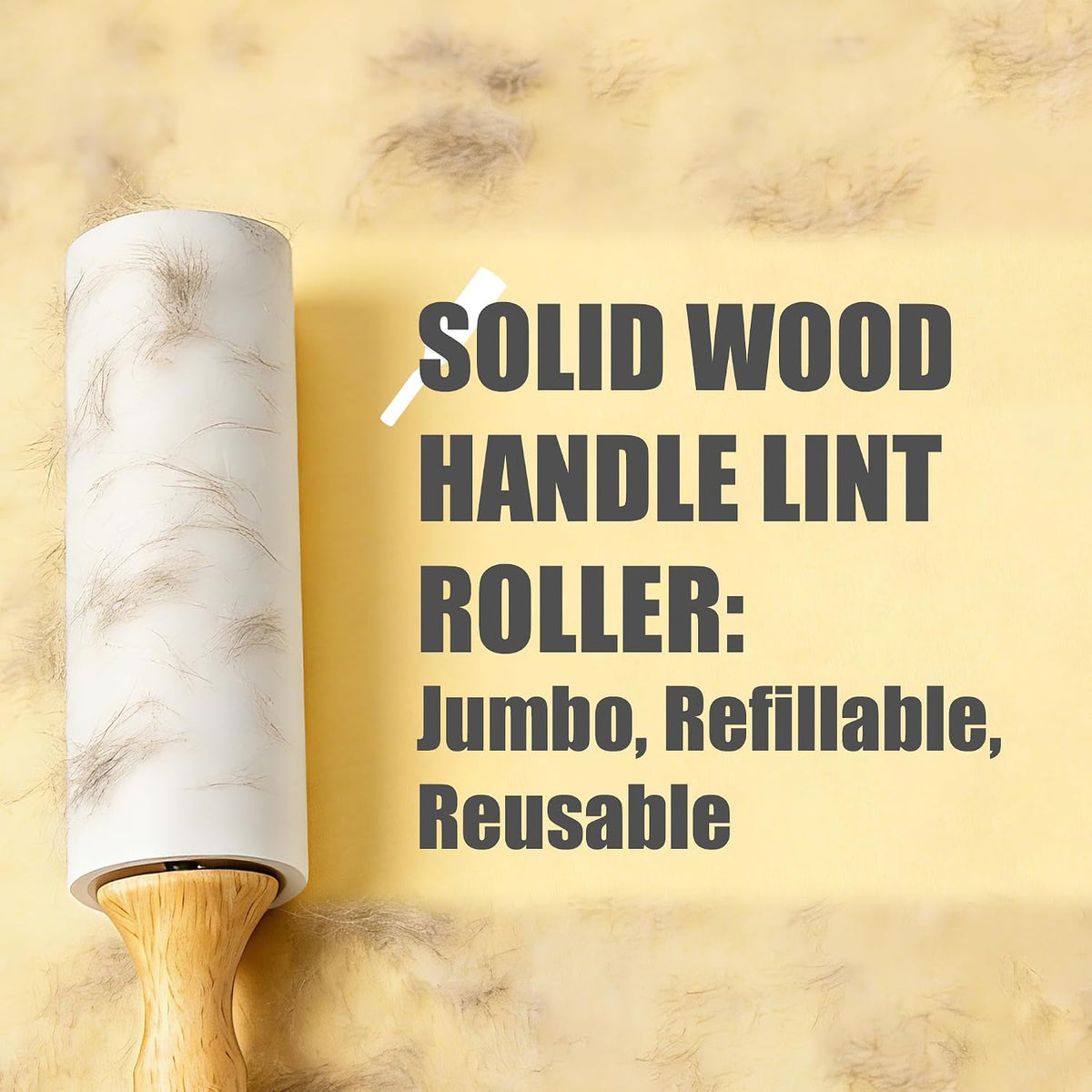 Flat Tear Lint Roller with Wooden Handle- 6.3 Inch Refills, 4 Rolls x 90 Sheets with Adjustable Tool | Pet Hair Remover for Furniture, Clothing | Ergonomic Grip, Straight-Tear Design