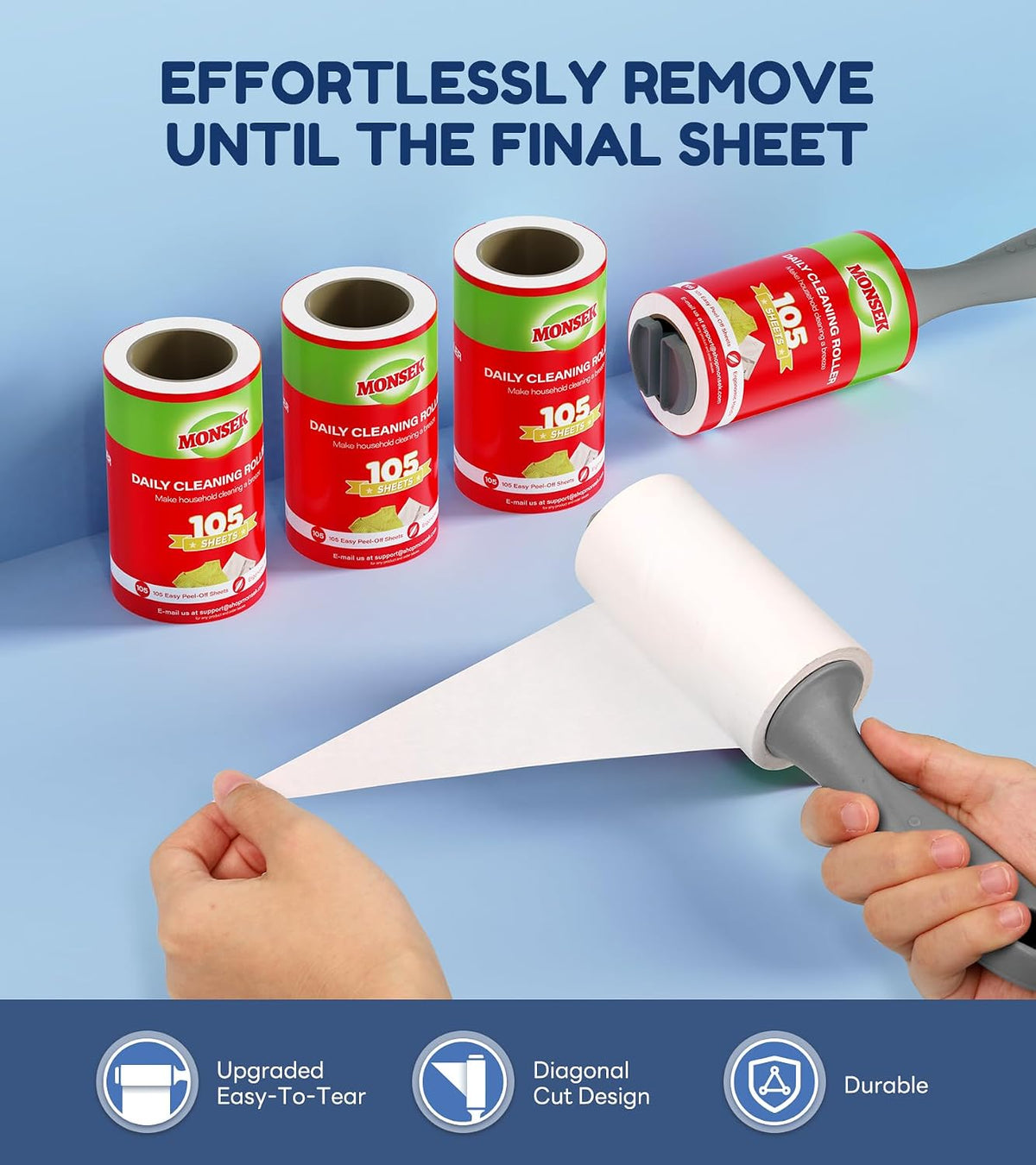 MONSEK 4X Extra Sticky Lint Roller for Pet Hair, Lint Rollers 315 Sheets Mega Value Set, Pet Hair Remover with 3 Upgraded Handle 3 Rollers, Portable Lint Remover for Clothes, Furniture, Dog & Cat Hair