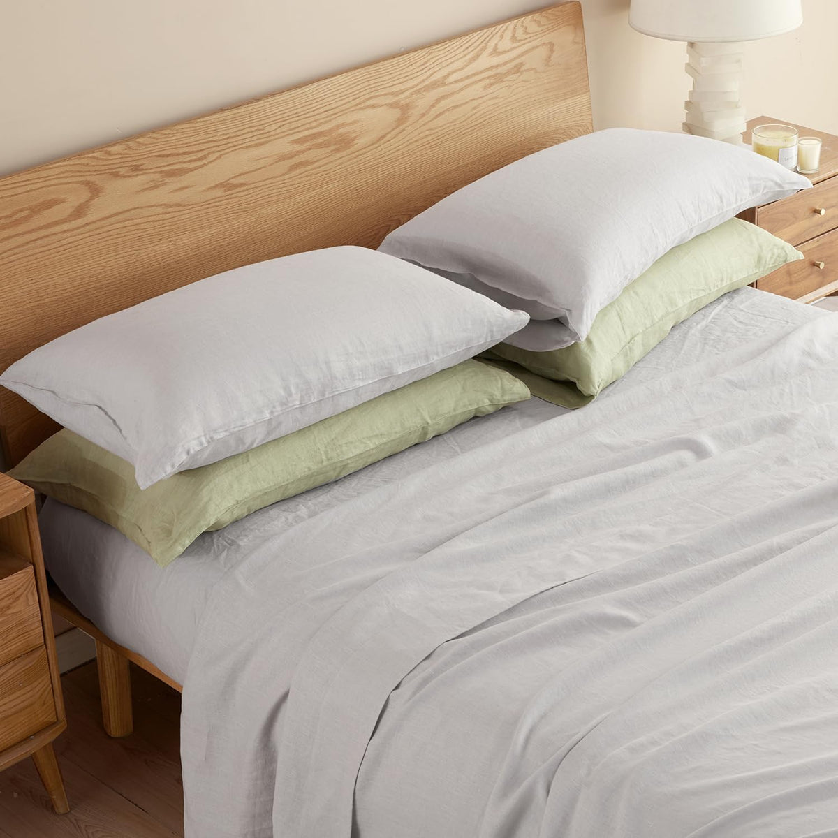 DAPU 100% French Linen Fitted Sheet Mattress Cover (1 Piece) with 16 Inch Deep Pocket, Pure Natural French Flax from Normandy, Ultra Soft, Breathable and Durable (Fog Gray, Queen).