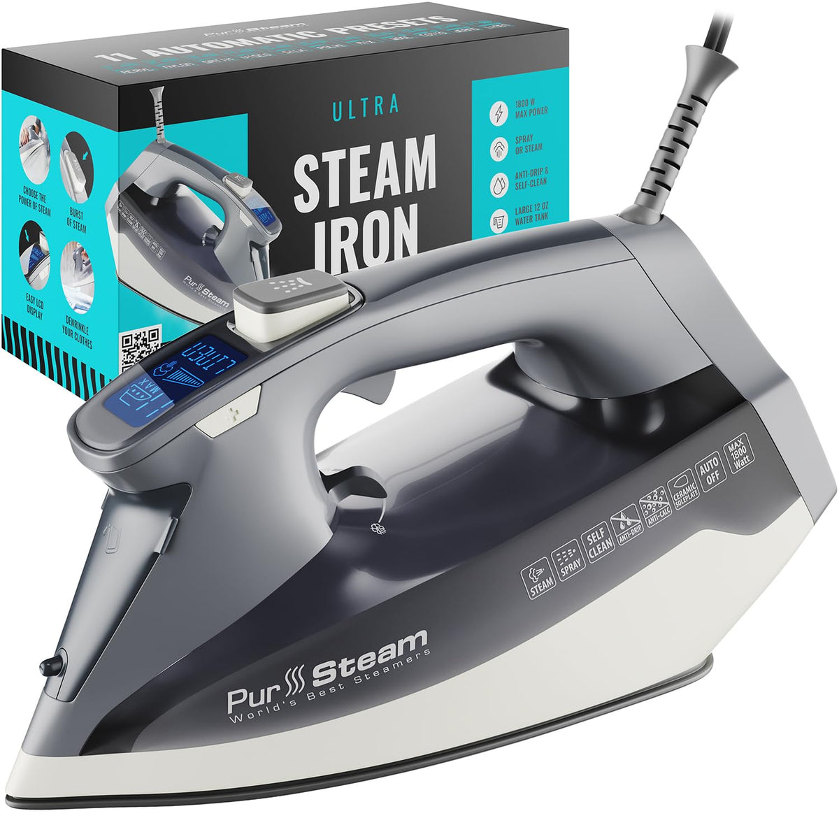 PurSteam SteamTech Steam Iron with LED Display, Ceramic Soleplate, 1750W