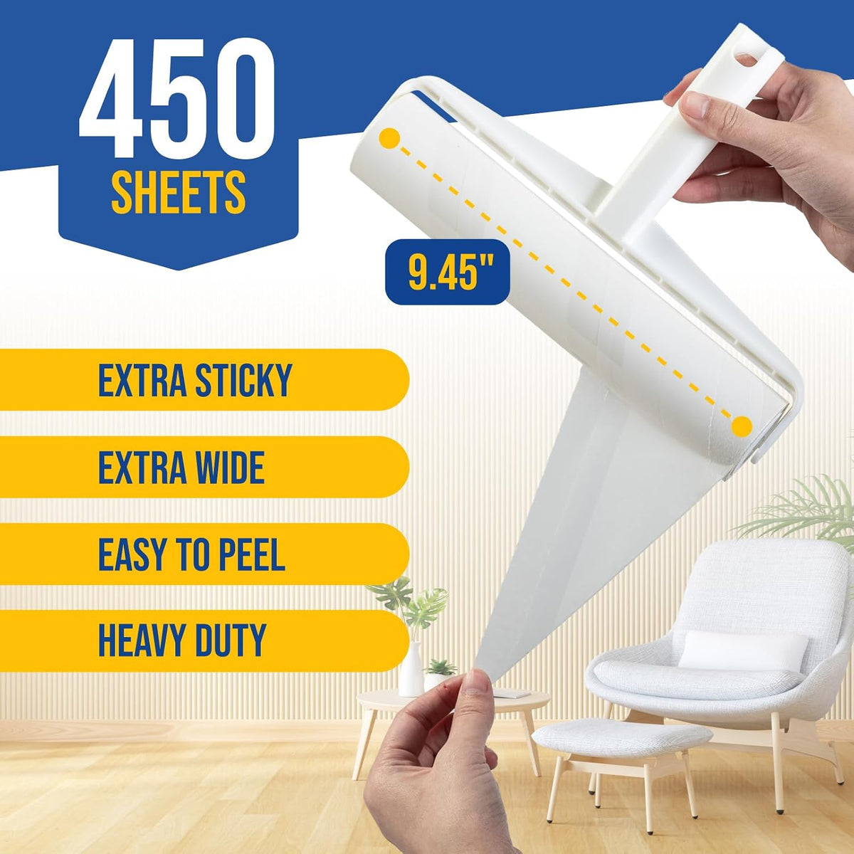 Foxtrot Large Lint Roller with Refills, 9.45 inch Wide, 5 Pack, 450 Sheets