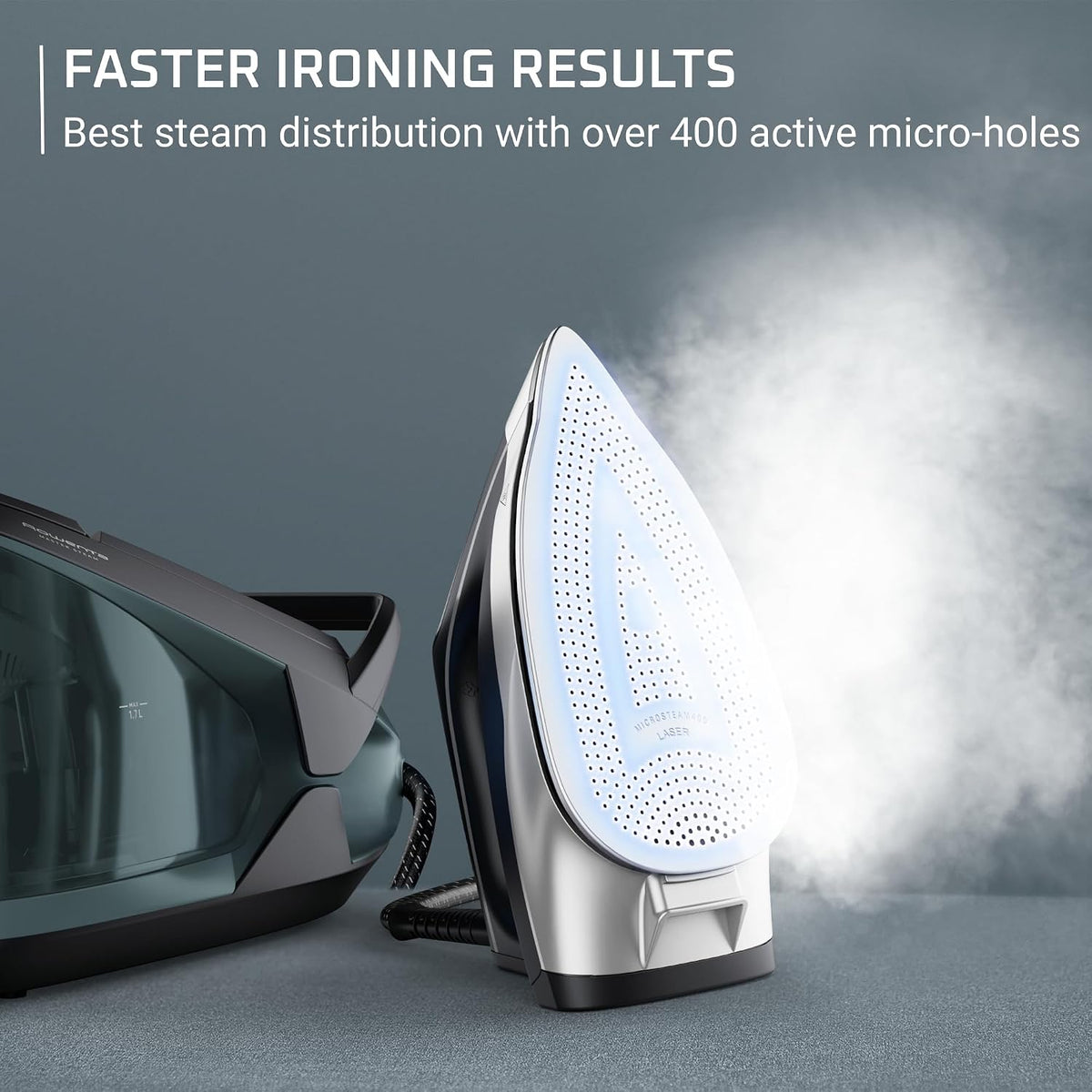 Rowenta Iron Steamer for Clothes Master Steam Station, Professional Steam Iron for Clothes with Stainless Steel Soleplate, 57 Oz, 400 Microsteam Holes, Built-In Pump, 1750 Watts, Black/Green, VR8338