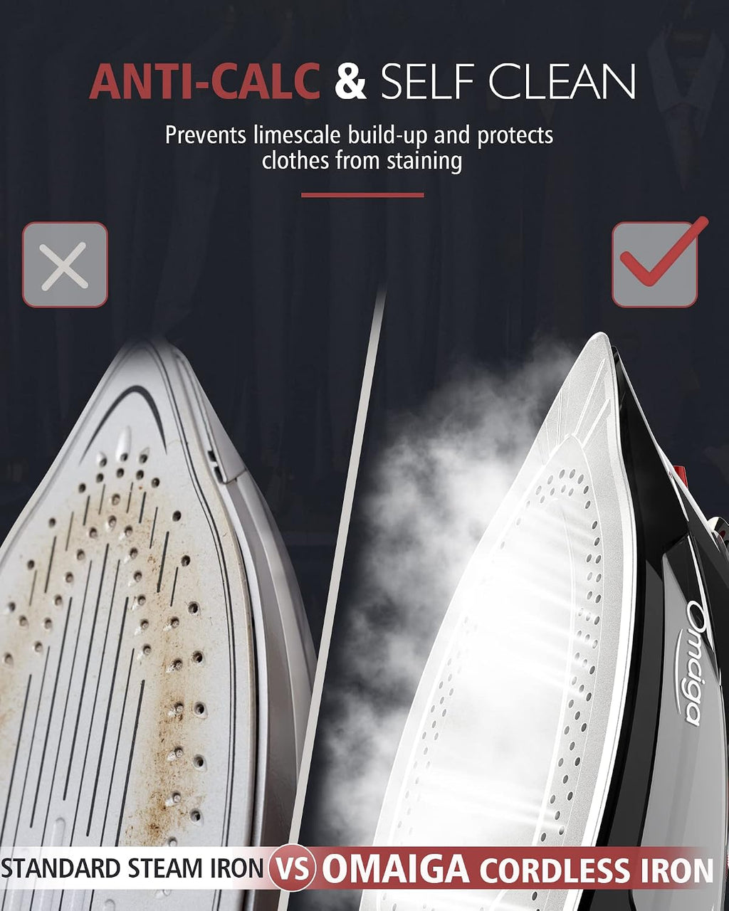 OMAIGA Cordless Iron for Clothes, 1500W Steam Iron Rapid Heating, Ceramic Soleplate, Auto Shut Off, Self-Clean, Anti-Calc, 3 Temperature Settings, 11.84oz Water Tank Ironing Clothes for Home, Black