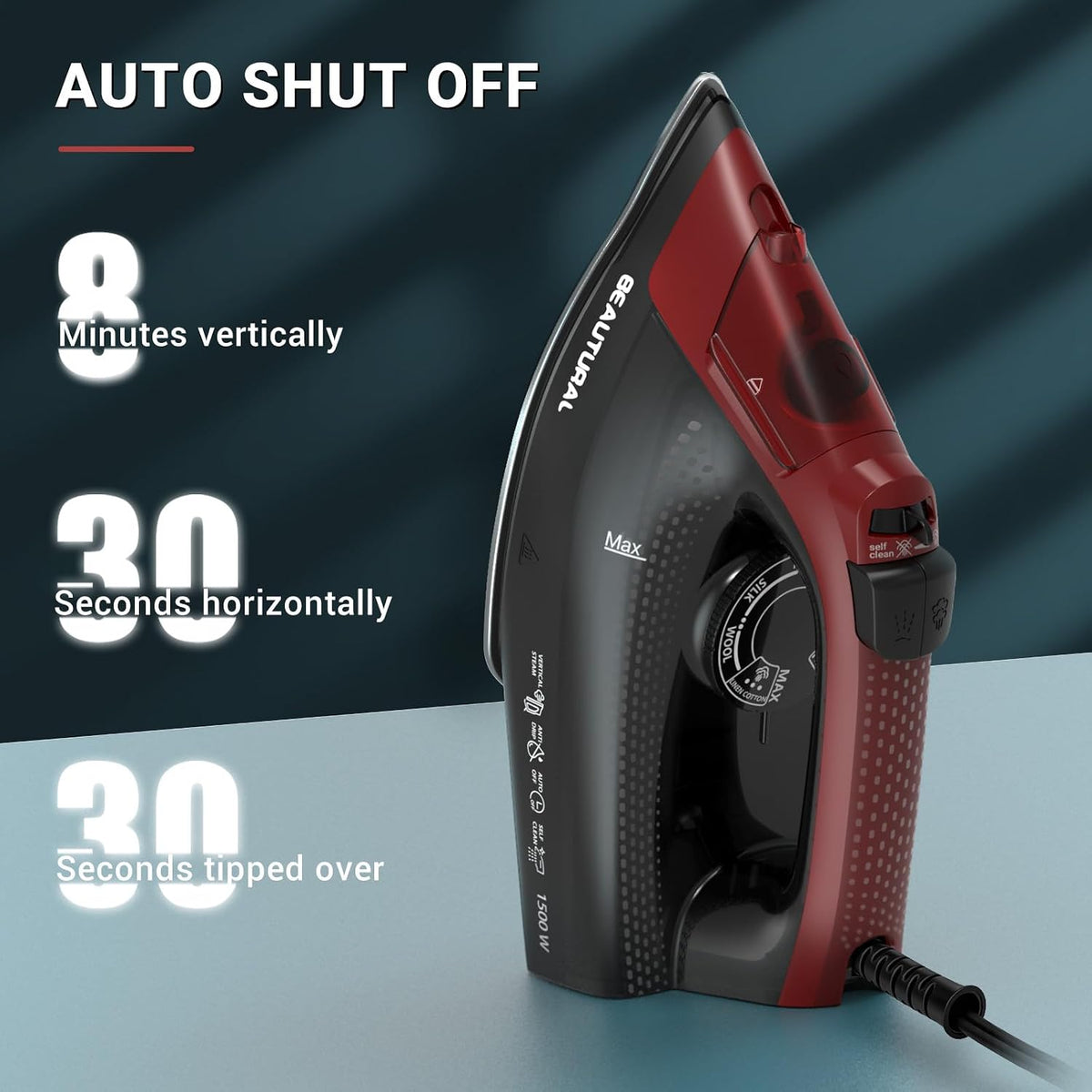 BEAUTURAL Steam Iron for Clothes, Ceramic-Coated Soleplate, 1500W, Black
