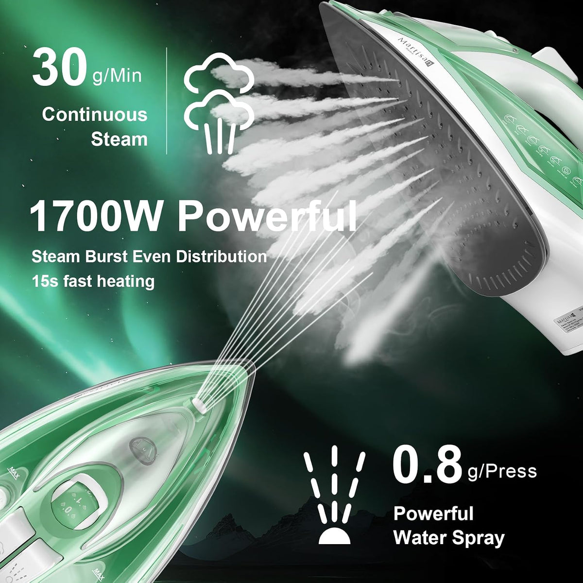 Martisan Steam Iron Lite, 1700W, 15s Fast Heat-up, Extra Soleplate for Heat Reserve, Precise Adjustable Temp, Non-stick Ceramic Panel, Anto-off, Anti-drip, Anti-calc, Home Laundry