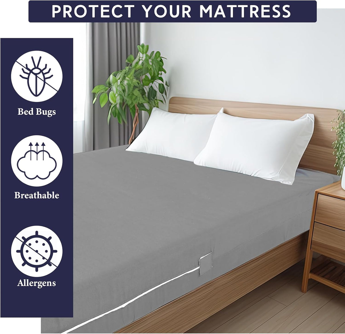 HunnmingRe Zippered Mattress Protector Fitted, Light Gray, Full,12-16in