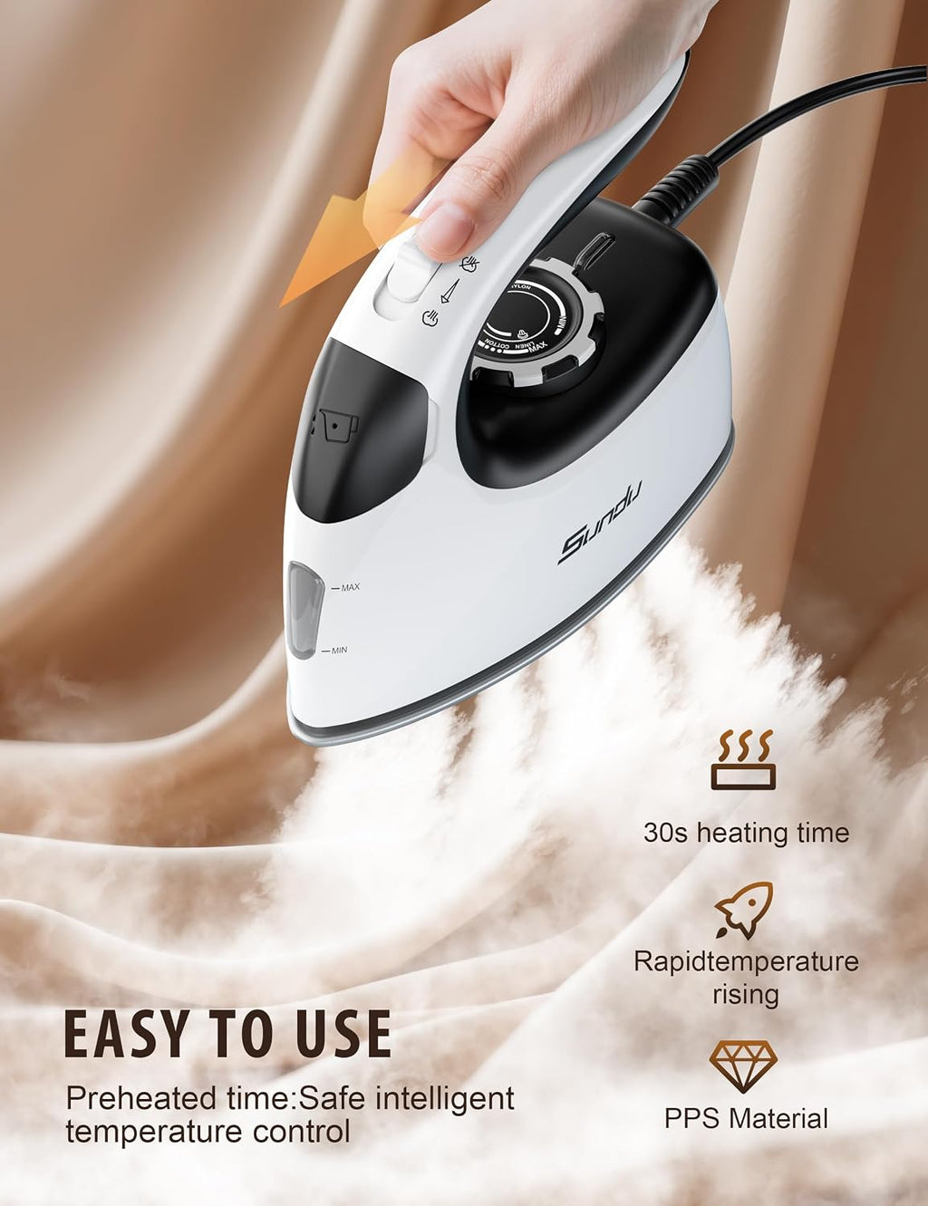 Sundu Mini Steam Iron with Rotary Temp Control for Travel & Sewing