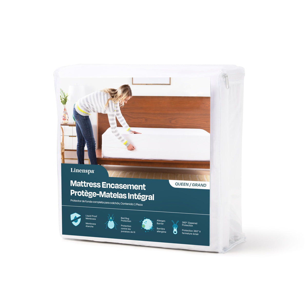 Linenspa Encasement Waterproof Mattress Protector — Zippered 360°, Queen