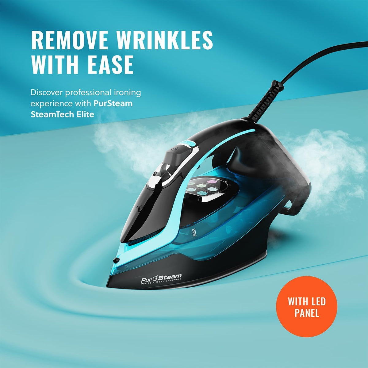 PurSteam SteamTech Steam Iron with LED Display, Ceramic Soleplate, 1750W