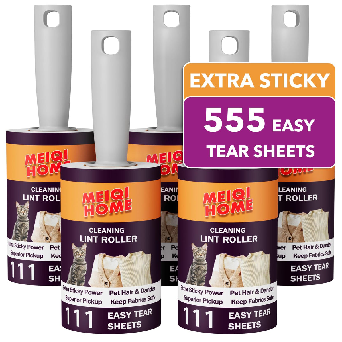 MEIQIHOME Lint Rollers for Pet Hair Extra Sticky, 1110 Sheets Mega Value Set Lint Roller with 5 Upgraded Handles, 10 Rollers Portable Pet Lint Roller for Clothes, Furniture, Dog & Cat Hair Removal