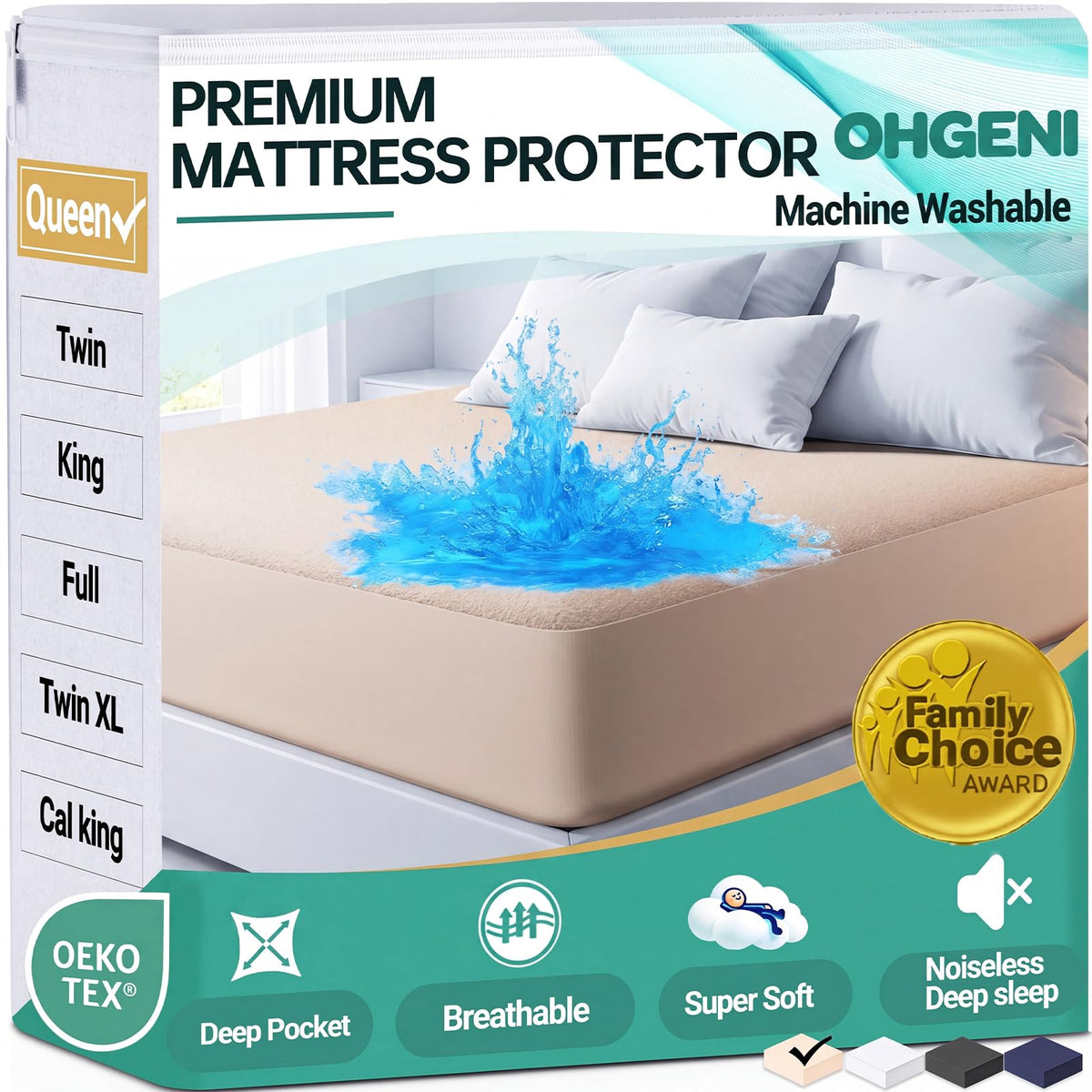 OhGeni Waterproof Mattress Protector, Queen Size Mattress Pad Fitted with Deep Pocket 6"-18", Breathable Noiseless & Soft, Washable Dirt-Proof Mattress Cover for Home, Bedroom, White,Daybed Cover