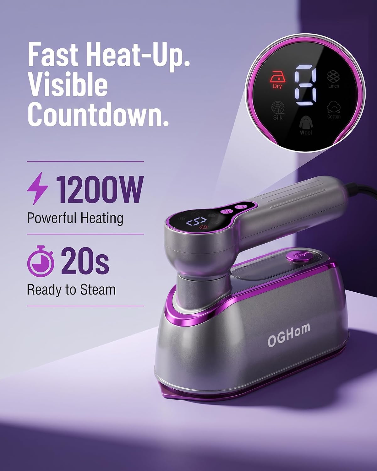 OGHom Travel Steamer for Clothes, 1200W Portable Handheld Garment Steamer with LCD Display, 4 Steam Levels & Dry Iron Mode, 20s Fast Heat-Up, 150ml Water Tank, Large Ceramic Heat Panel, Only for 120V