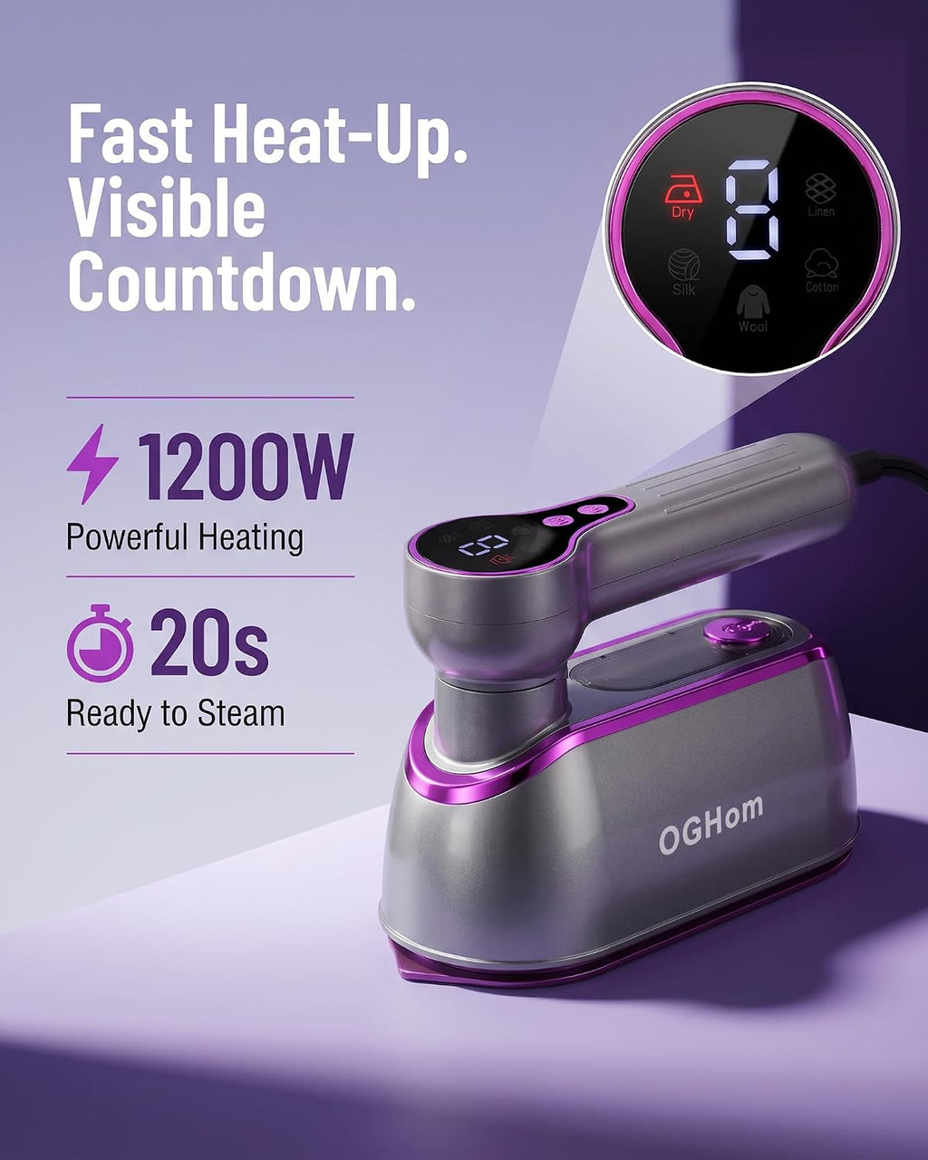 OGHom Travel Steamer for Clothes, 1200W Portable Handheld Garment Steamer with LCD Display, 4 Steam Levels & Dry Iron Mode, 20s Fast Heat-Up, 150ml Water Tank, Large Ceramic Heat Panel, Only for 120V