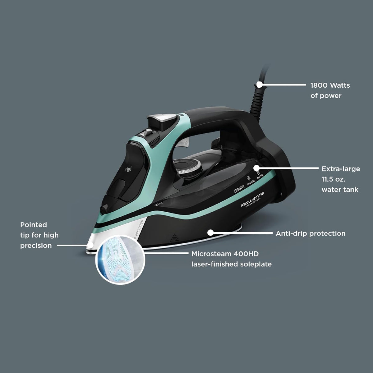 Rowenta Steam Force Stainless Steel Soleplate Steam Iron for Clothes, Anti-Drip Protection, 400 Microsteam Holes, 1800 Watts, Iron, Fabric Steamer, Garment Steamer for Clothes, Precision Tip, DW9440