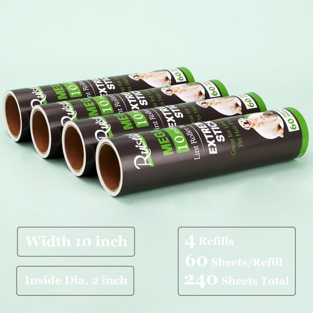 10 inch Lint Roller Refill Compatible with Large Mega 10 in Wide Lint Rollers, Pack of 4 Refills, 60 Sheets per Refill, Total 240 Extreme Stick Sheets