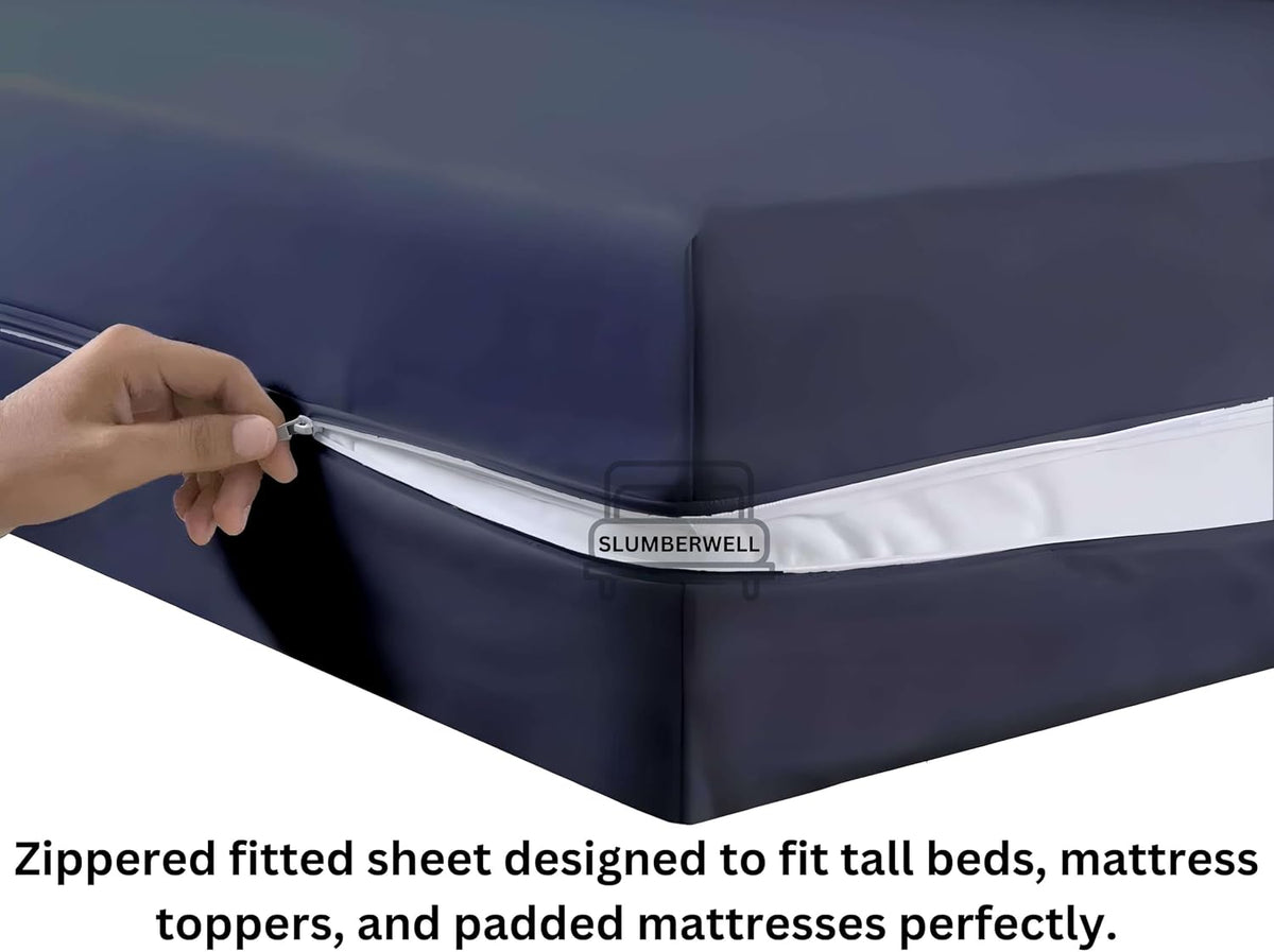 Zipper Fitted Sheet Queen 12" Deep Pocket Microfiber, Dark Grey