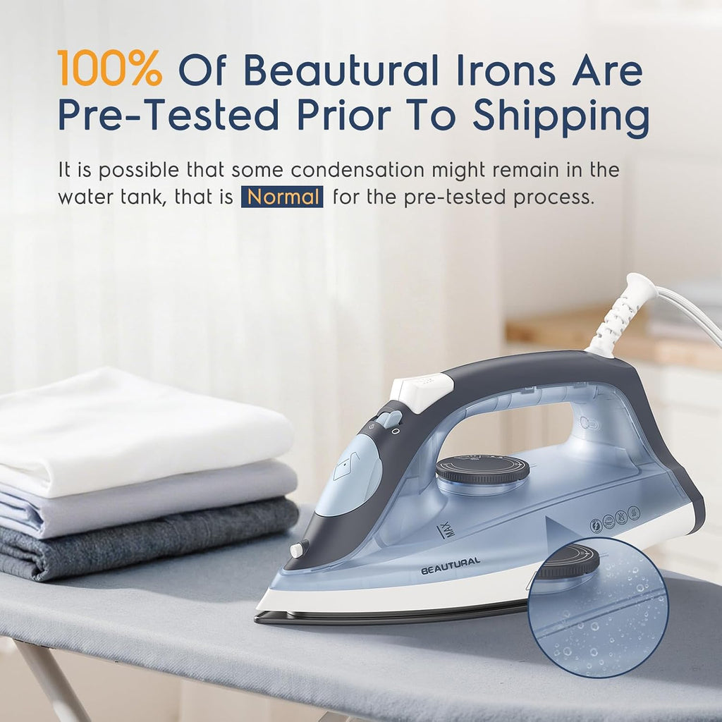BEAUTURAL Compact Steam Iron for Clothes with Non-Stick Soleplate, Blue