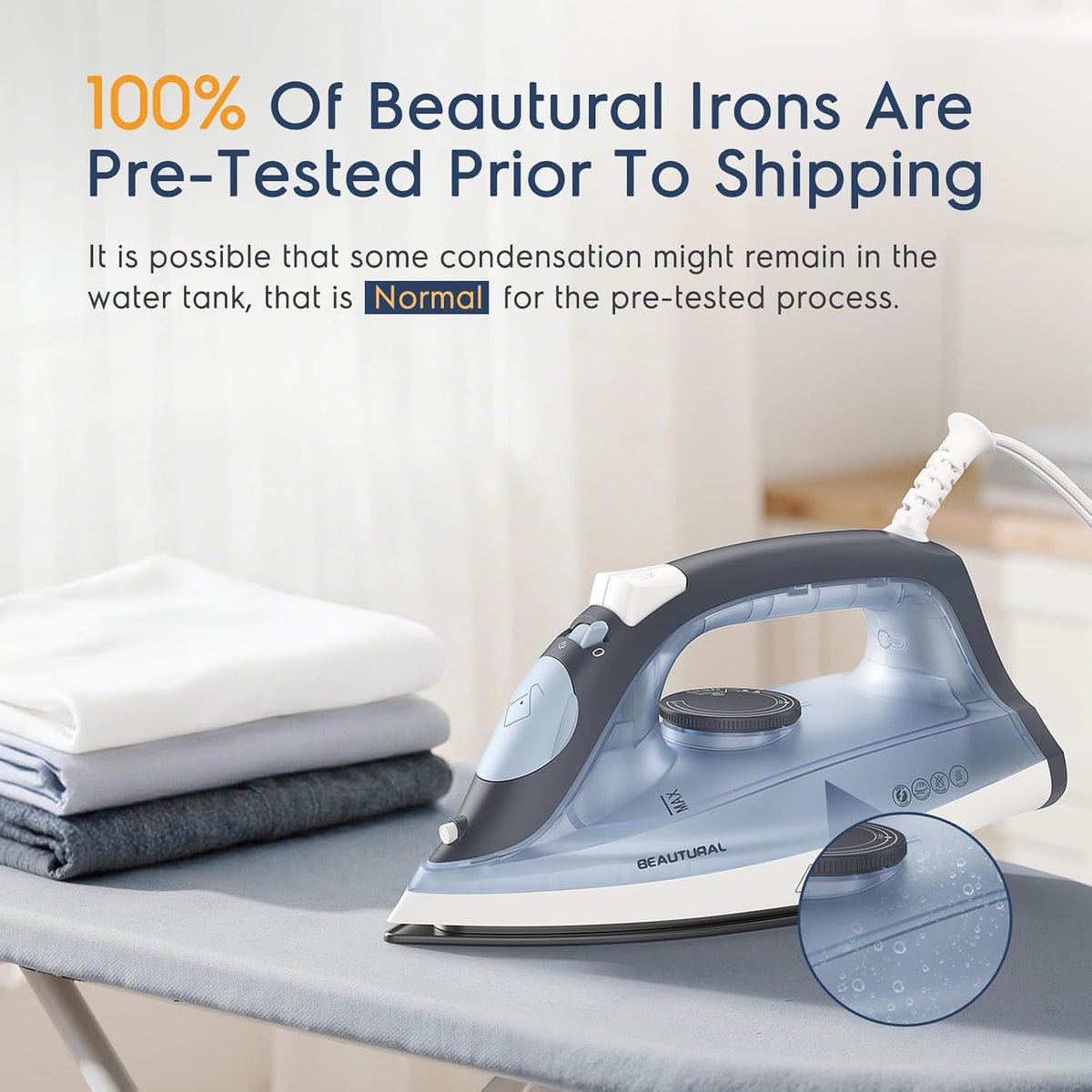 BEAUTURAL Compact Steam Iron for Clothes with Non-Stick Soleplate, Blue