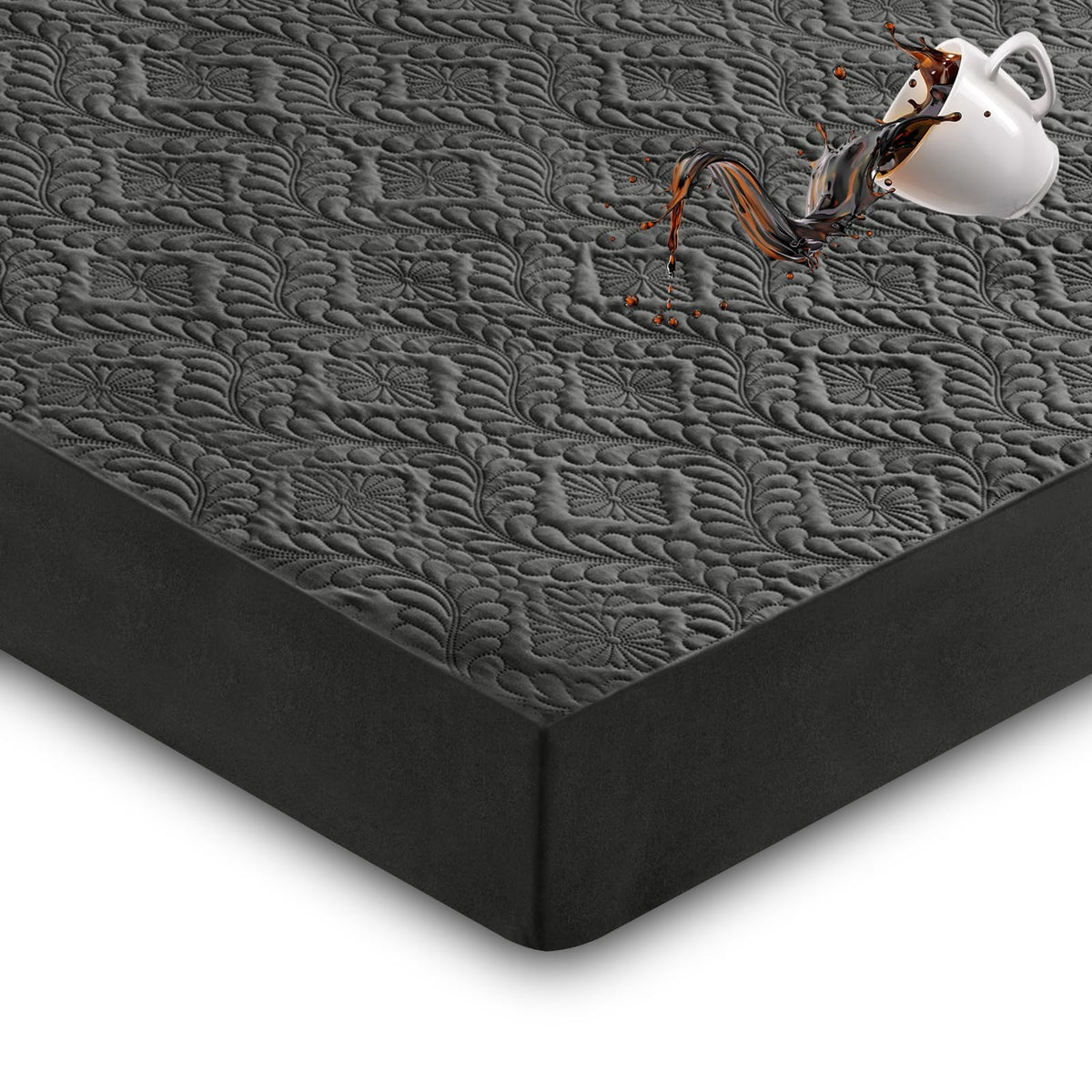 Sufdari Mattress Protector,Waterproof 18" Deep Pocket Mattress Cover Fitted Sheet Style with Elastic Rubber Band,Washable and Easy Care-Black,Queen