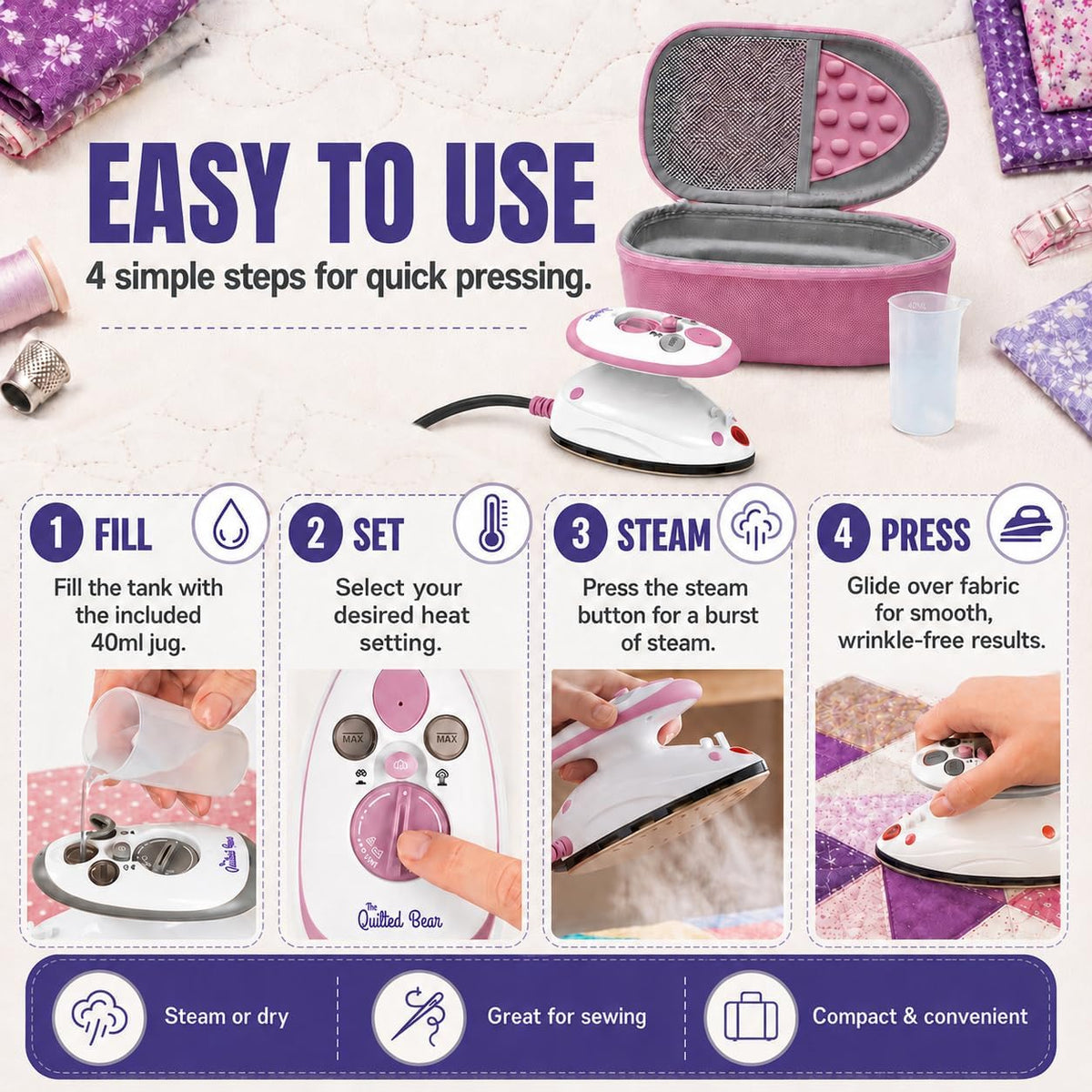The Quilted Bear Premium Mini Steam Iron for Quilting and Travel, Pink