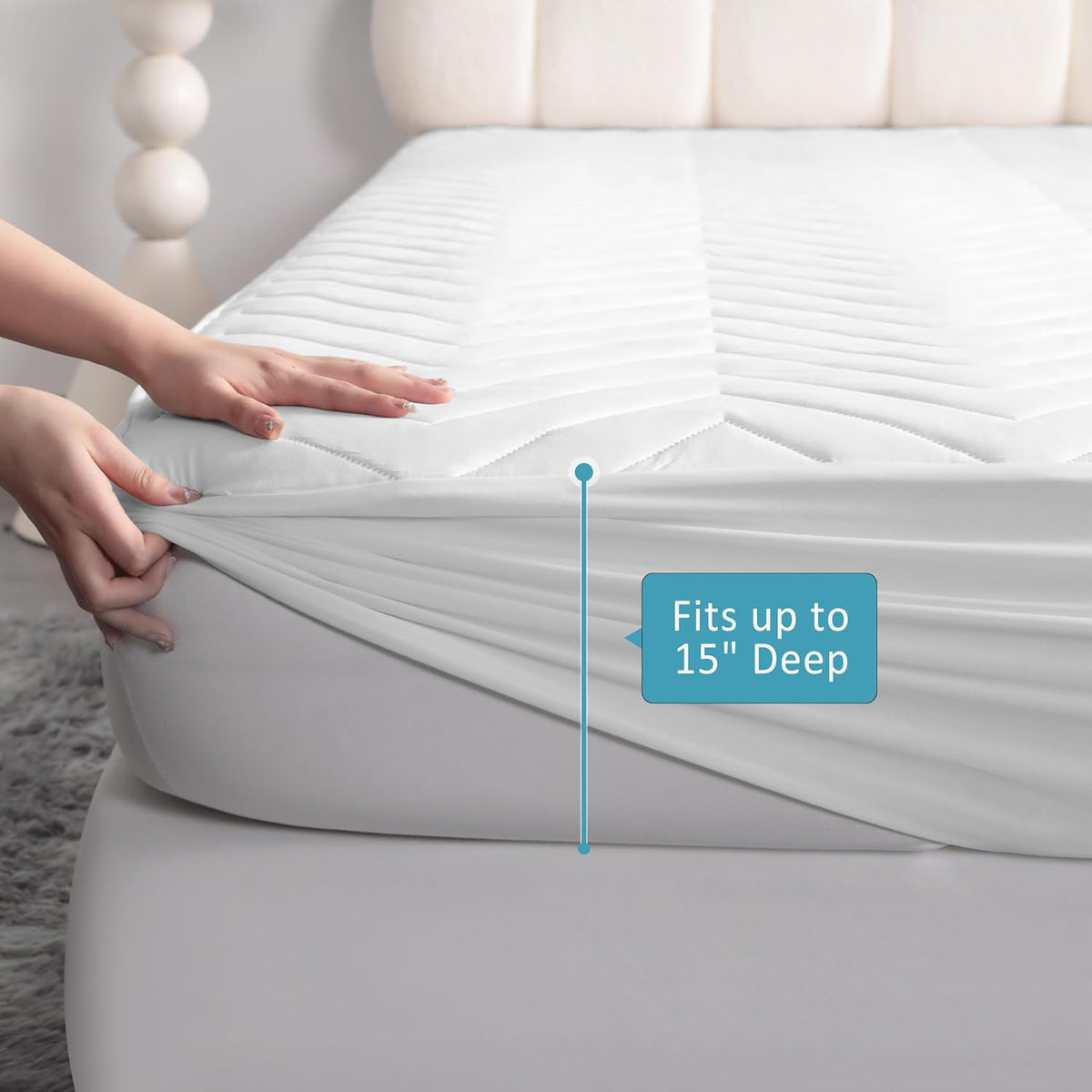 Quilted Waterproof Mattress Protector - Queen Size 15" Deep Pocket Fitted Sheet, Ultra-Soft Breathable and Machine Washable Mattress Pad Cover - White