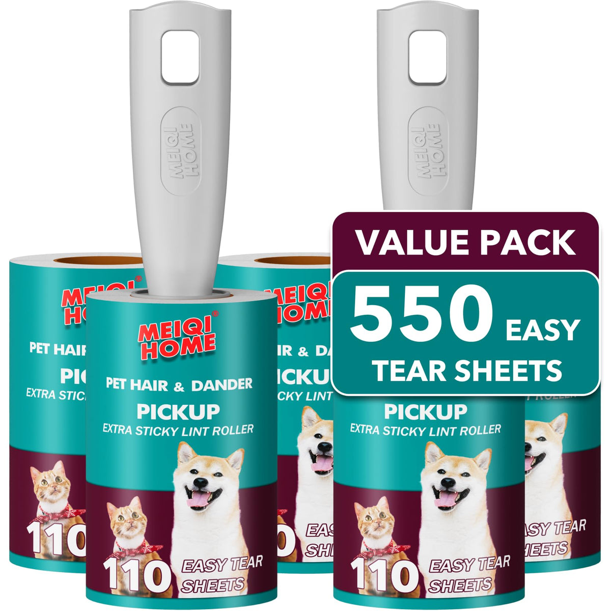 MEIQIHOME Lint Rollers for Pet Hair Extra Sticky, 1110 Sheets Mega Value Set Lint Roller with 5 Upgraded Handles, 10 Rollers Portable Pet Lint Roller for Clothes, Furniture, Dog & Cat Hair Removal