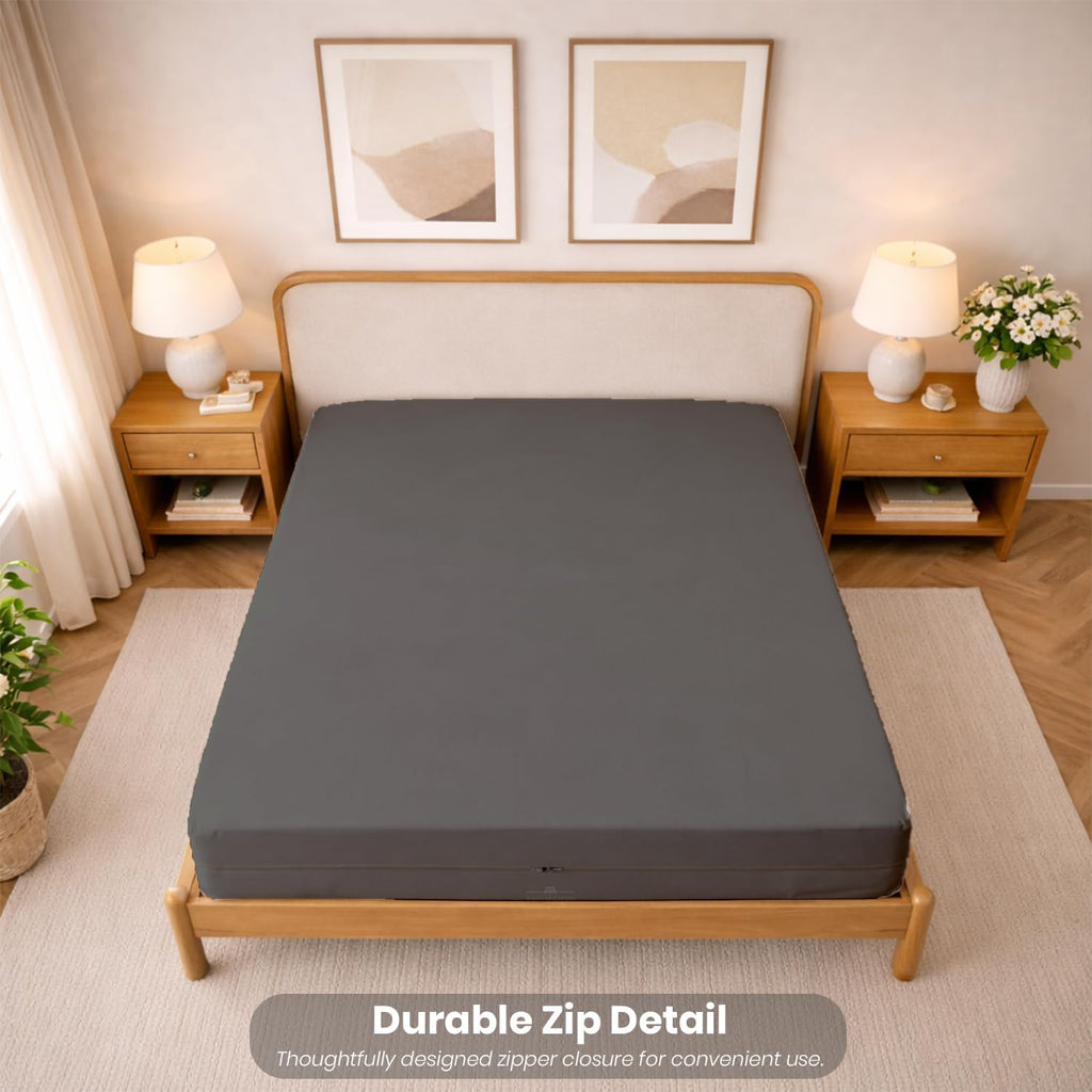 Queen Size Microfiber 1 PC Zipper Fitted Sheet 4 Inch Deep , Dark Grey