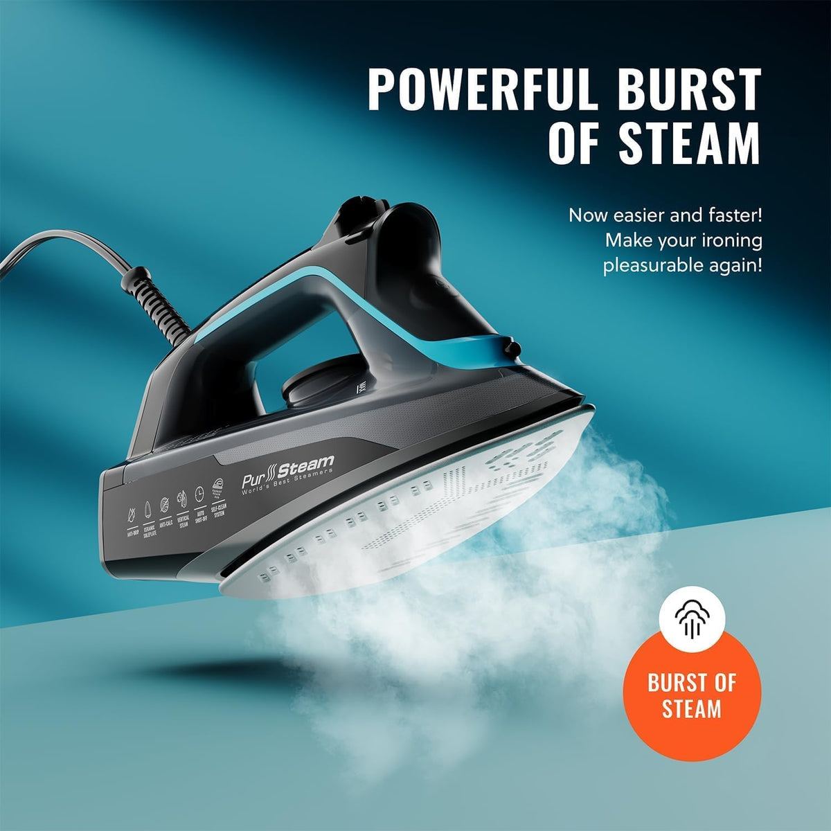 PurSteam SteamBurst+ Steam Iron, Ceramic Soleplate, Self-Clean, Anti Drip