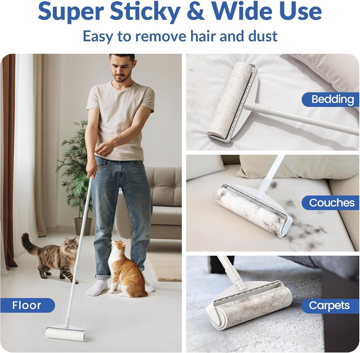 DELOMO 9.45” Large Lint Roller for Pet Hair, Long Handle for Floor & Carpet