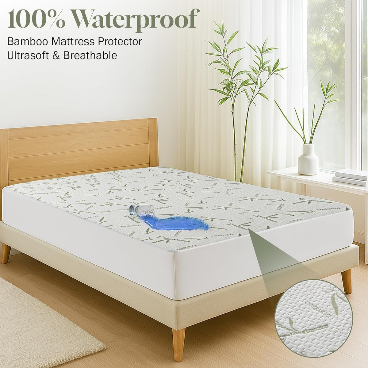 Hannah Linen Queen Mattress Protector, Cooling Rayon dervied from Bamboo Viscose, 100% Waterproof - Fitted Sheet Style, Deep Pocket