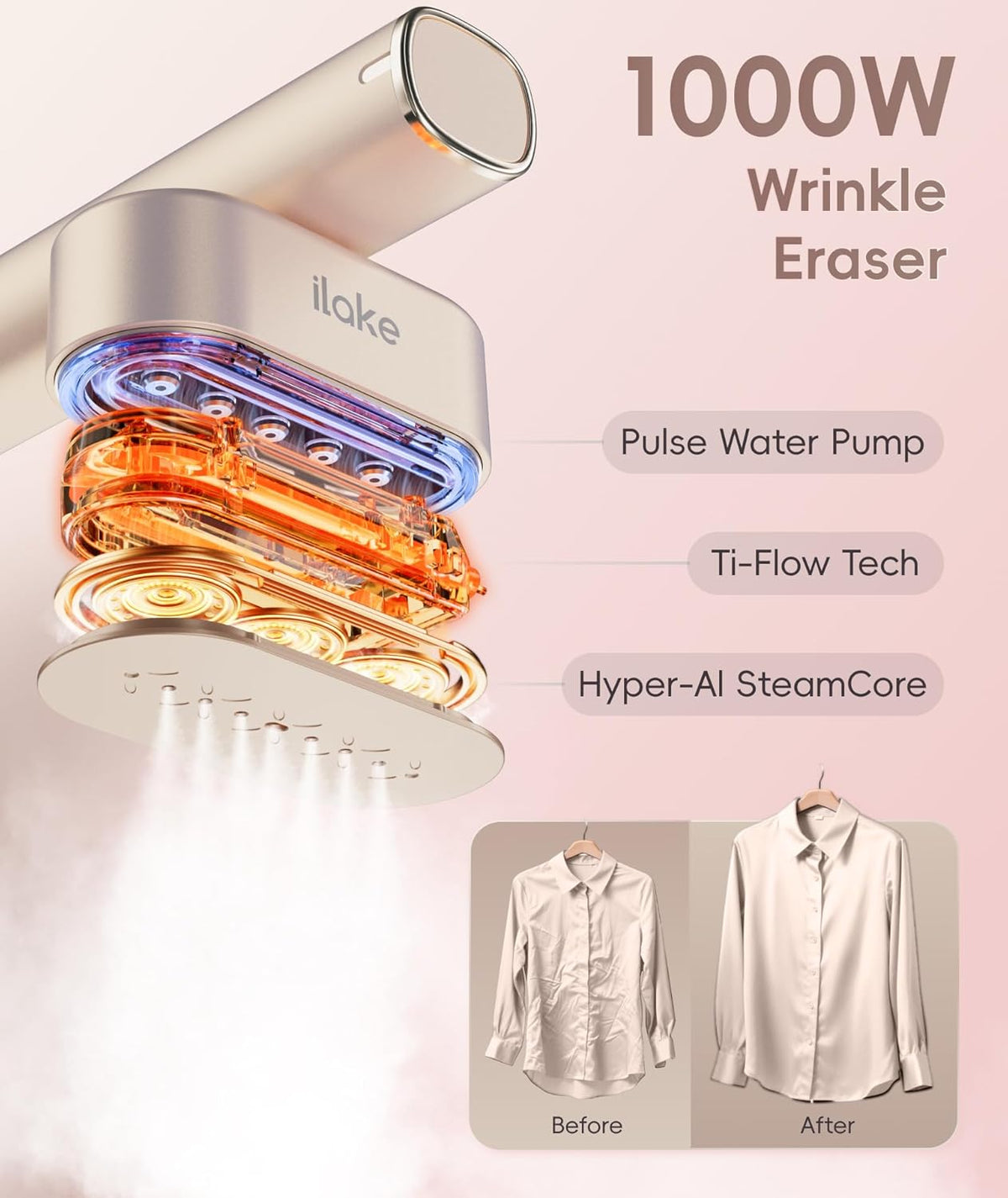 Travel Steamer for Clothes, 100-240V Dual Voltage Portable Garment Steamer, 1000W Travel Size Handheld Steamer & Iron 2 in 1 for Global & Europe Travel, Business, Home, Rose Gold，Gold