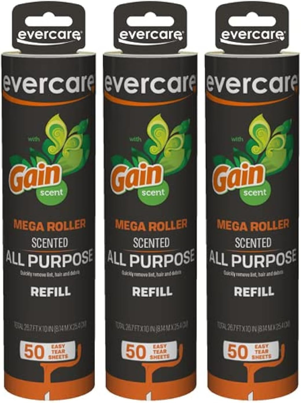 Evercare Pack of 3 Gain Scented All-Purpose Mega Lint Roller Refill Rolls, 50 Sheets Each
