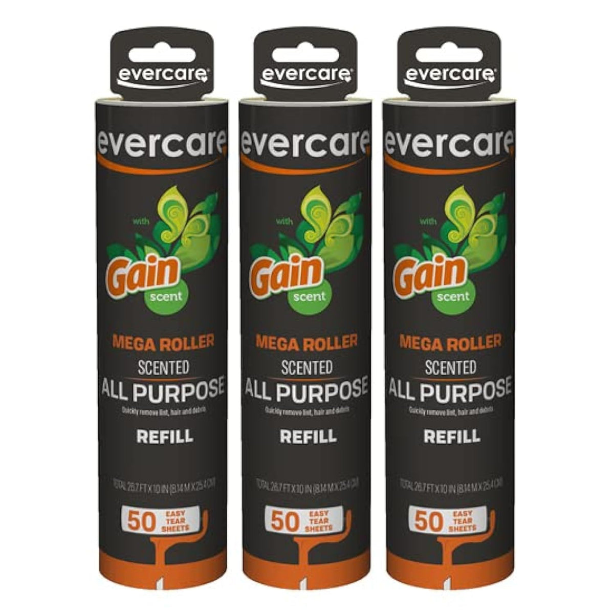 Evercare Pack of 3 Gain Scented All-Purpose Mega Lint Roller Refill Rolls, 50 Sheets Each