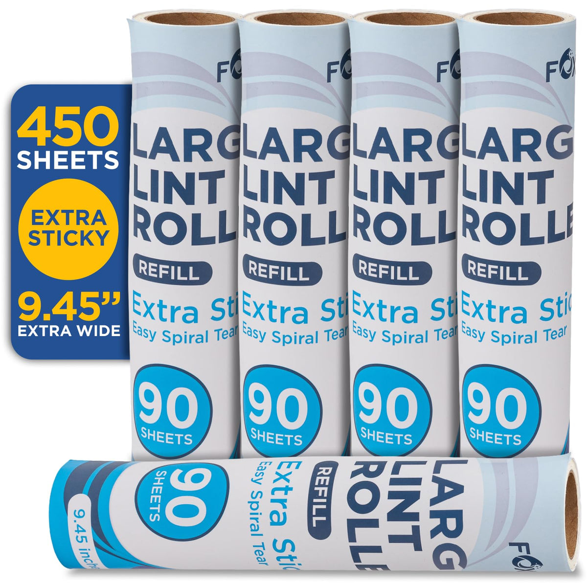 Foxtrot Large Lint Roller with Refills, 9.45 inch Wide, 5 Pack, 450 Sheets