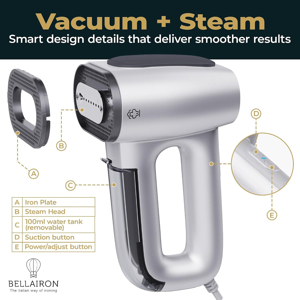 Bellairon Veloce Vacuum Garment Steamer, Next-Generation Handheld Clothing Steamer with 2500Pa Suction for Fabric Grip, Fast-Dry & Wearable Results, One-Hand Operation, 1100W, 120V